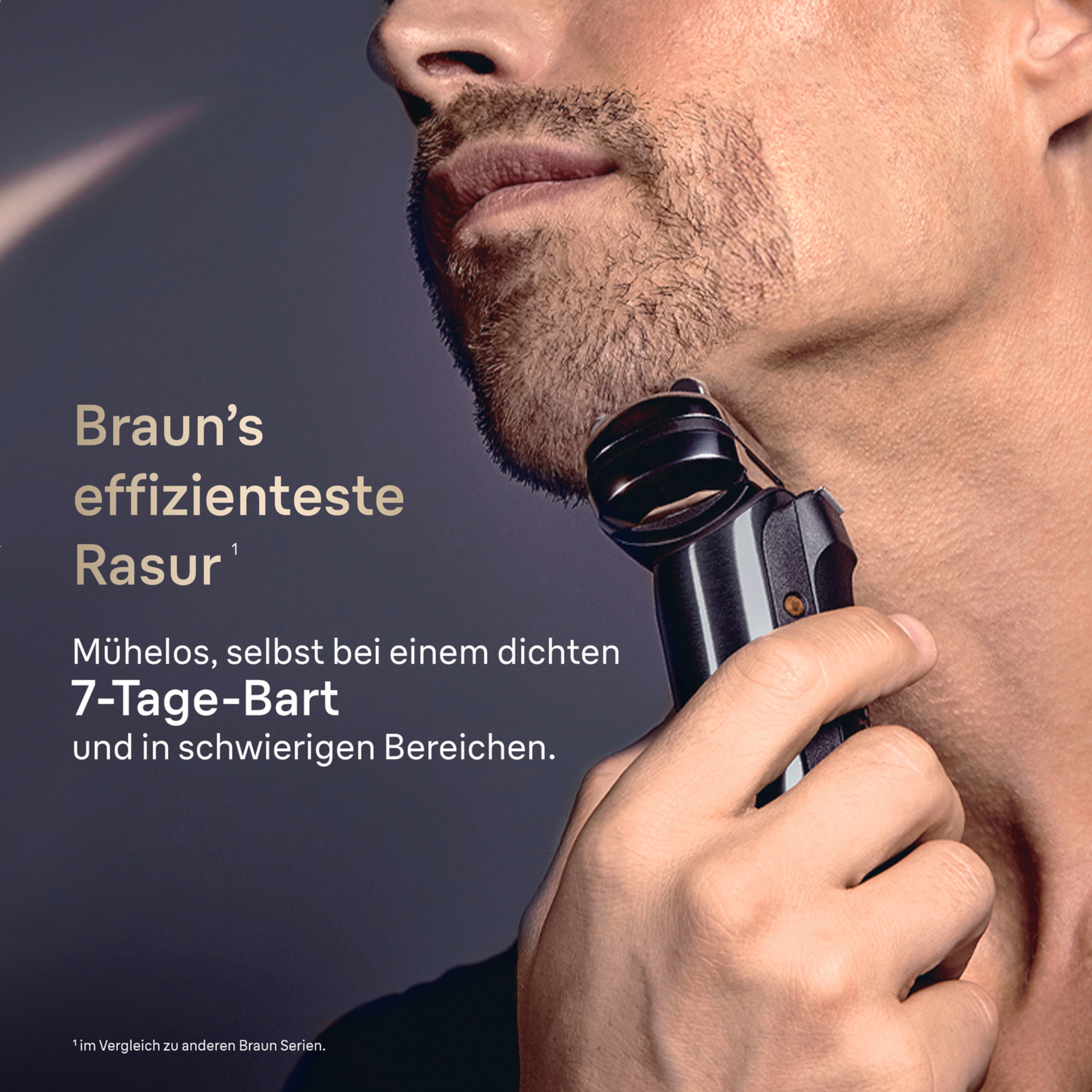 Nahaufnahme eines Mannes, der sich mit einem Braun Rasierer rasiert.