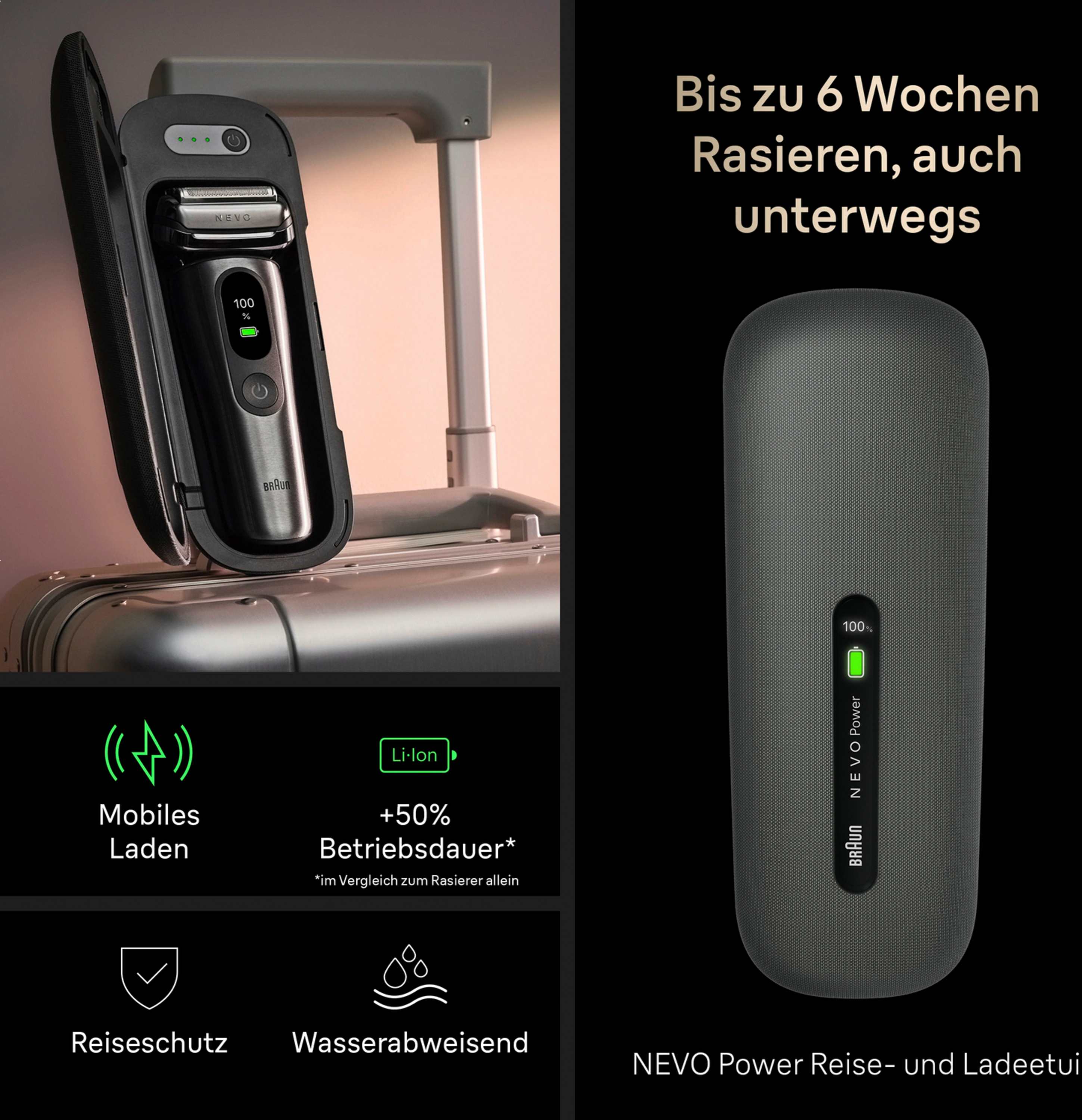 Ein schwarzer Rasierer in einem Reiseetui, neben einem Ladeetui mit Akkuanzeige.