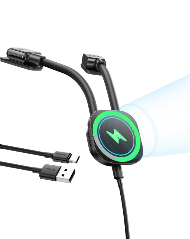 Yıldırım sembollü kablosuz şarj cihazı ve yanında iki kablo.