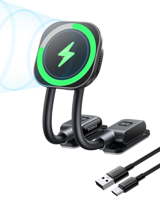 Şarj göstergeli ve USB-C kablolu siyah manyetik telefon tutucu.
