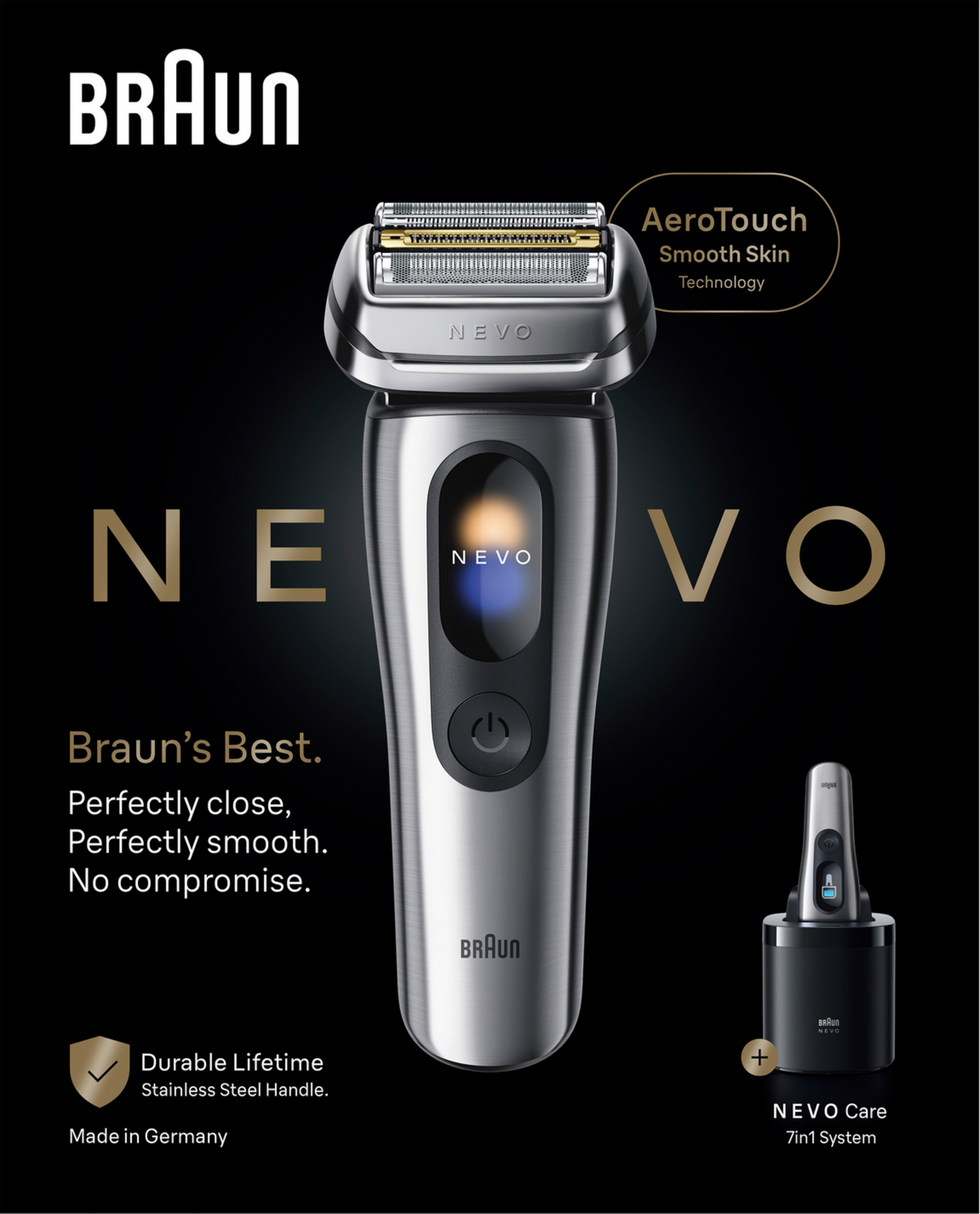 Braun Rasierer mit AeroTouch-Technologie auf schwarzem Hintergrund.