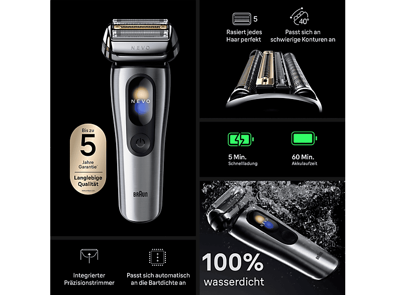Braun Nevo 15000cc Elektrorasierer (Akkubetrieb, Silber, Nevo Scherkopf mit AeroTouch-Rasiertechnologie) — Foto 4 von 5