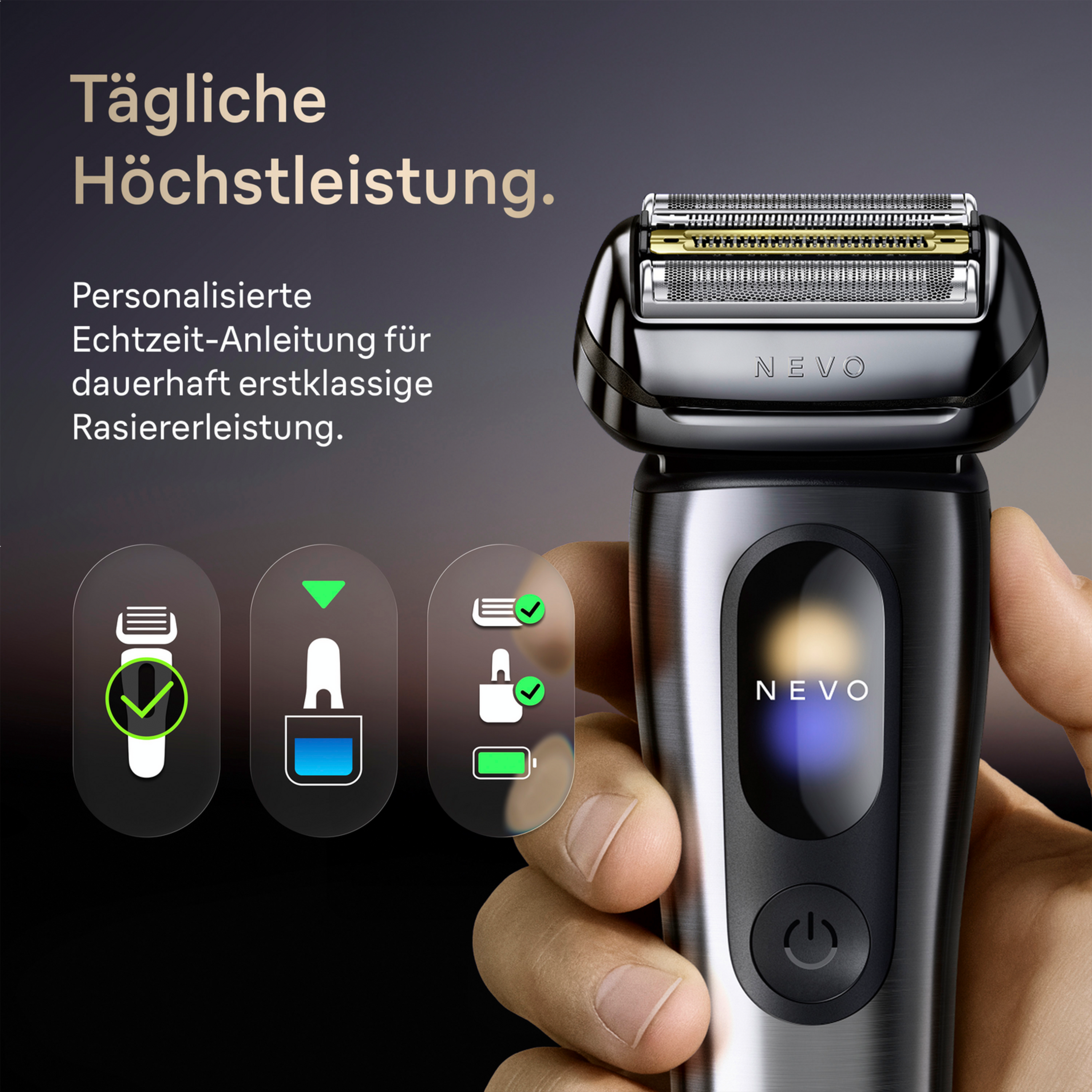 Ein Mann hält einen schwarzen Rasierer mit drei Symbolen. Tägliche Höchstleistung.