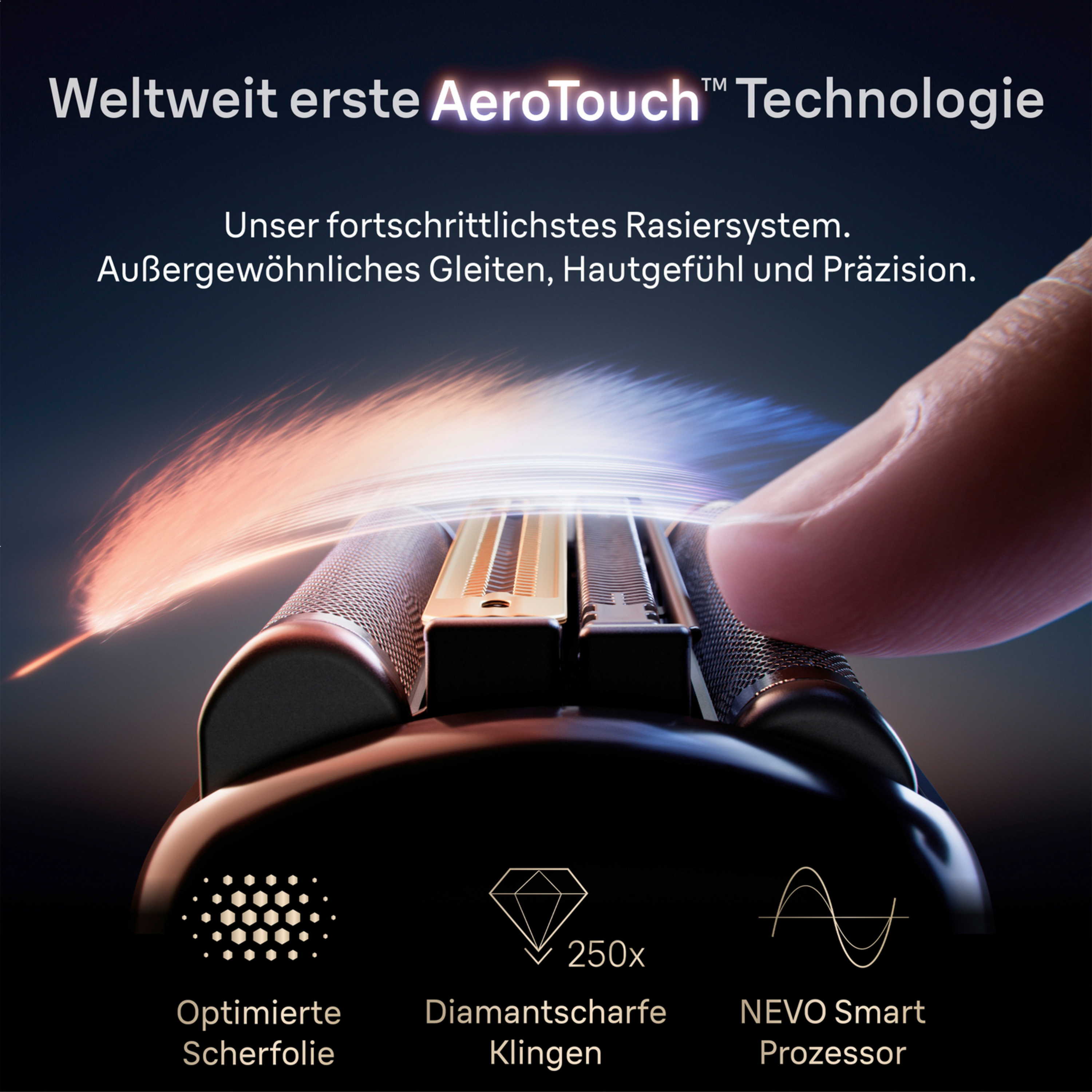 Ein Finger berührt ein Hightech-Rasierer mit AeroTouch-Technologie.