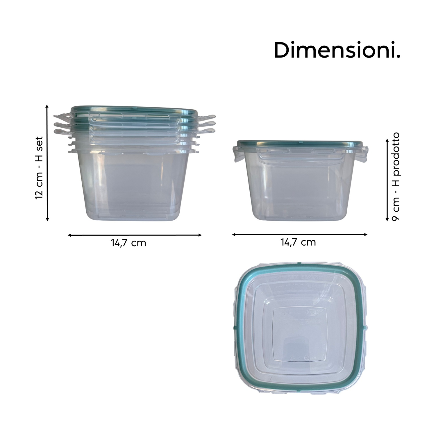 Contenitori trasparenti con coperchi verdi, dimensioni indicate.