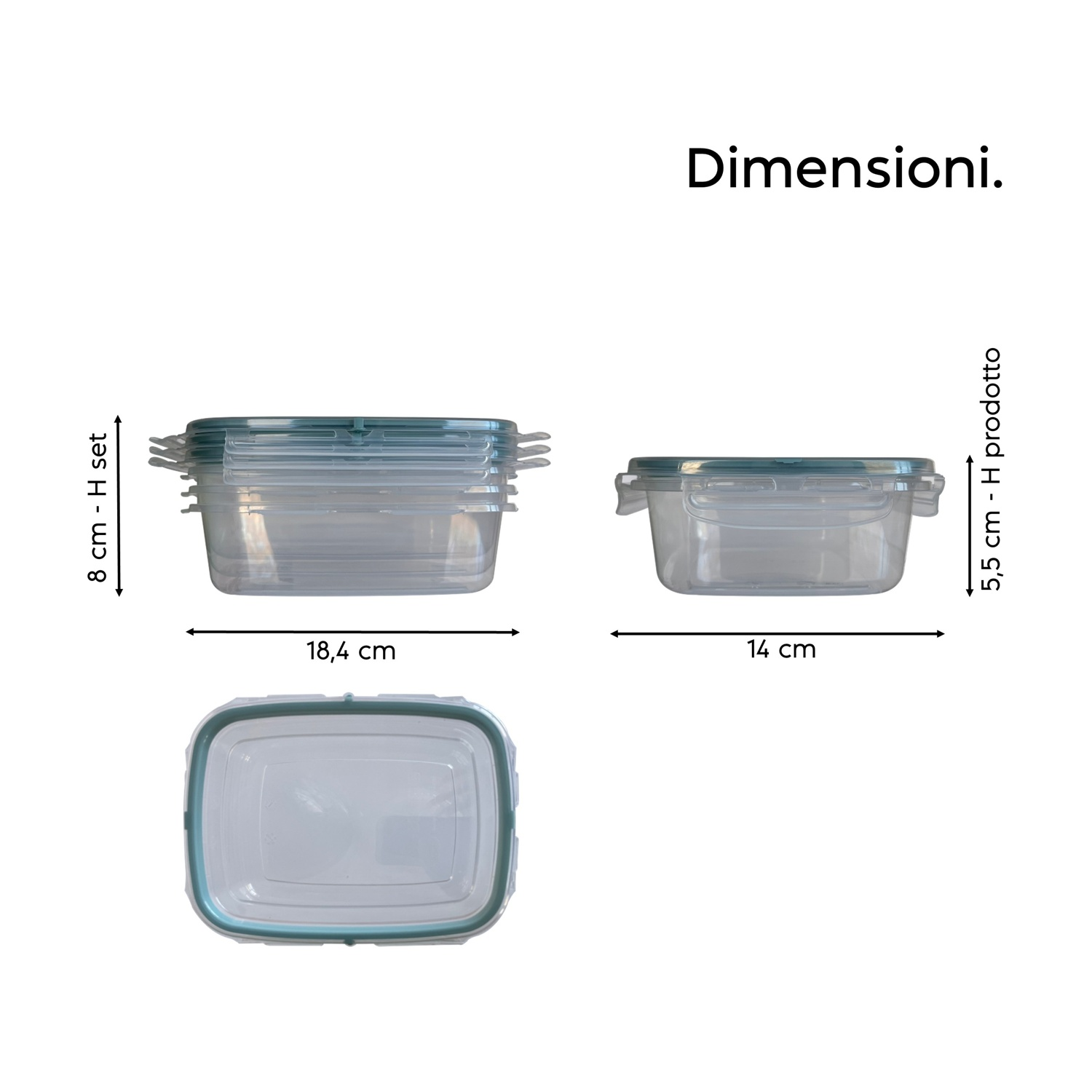 Contenitori trasparenti con coperchi blu, dimensioni mostrate.