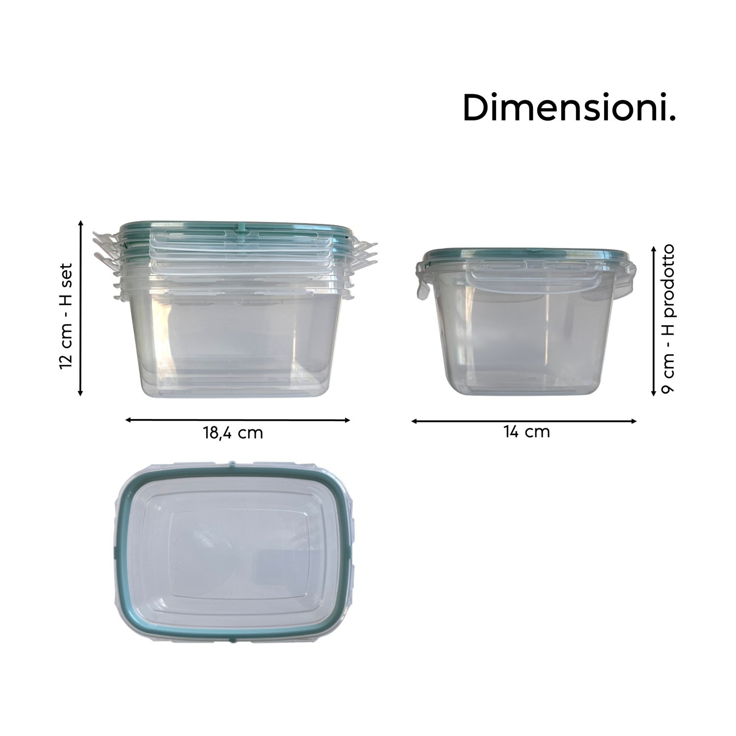 Contenitori trasparenti con coperchi verde acqua. Dimensioni mostrate: 12cm H set, 18,4cm L, 14cm P, 9cm H.