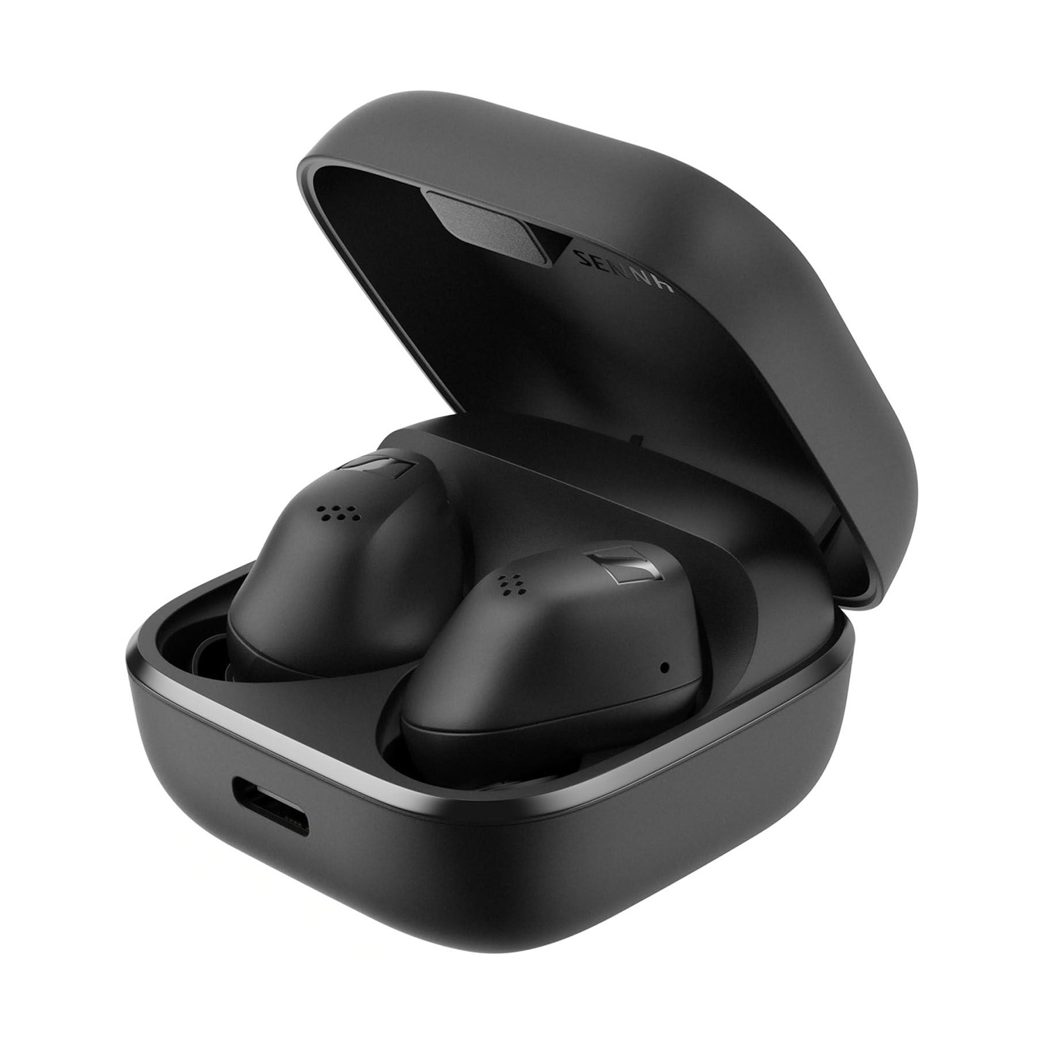 Custodia di ricarica nera con due auricolari, logo Sennheiser visibile.