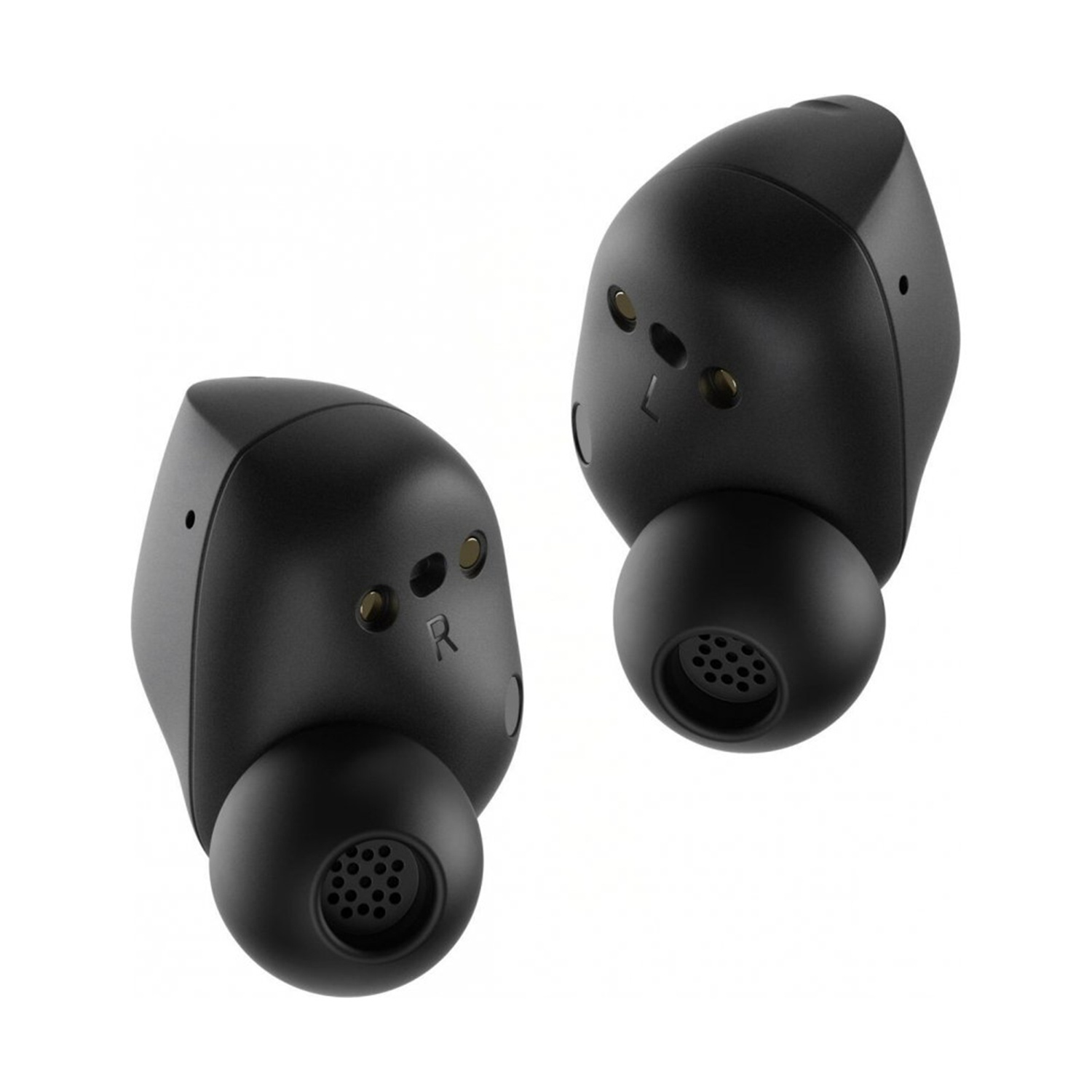 Due auricolari wireless neri con contatti di ricarica e griglie.