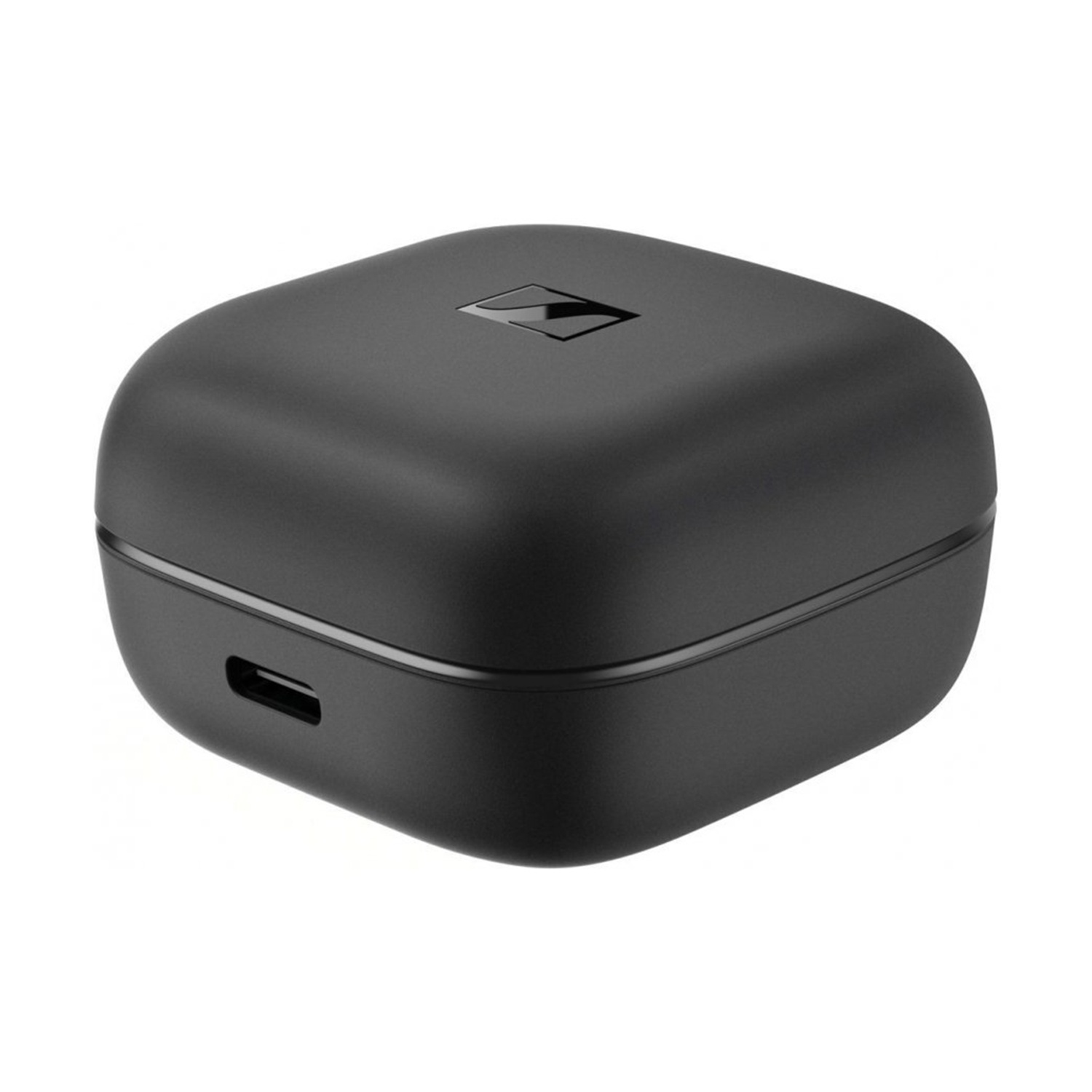 Custodia di ricarica nera per auricolari wireless con porta USB-C e logo.