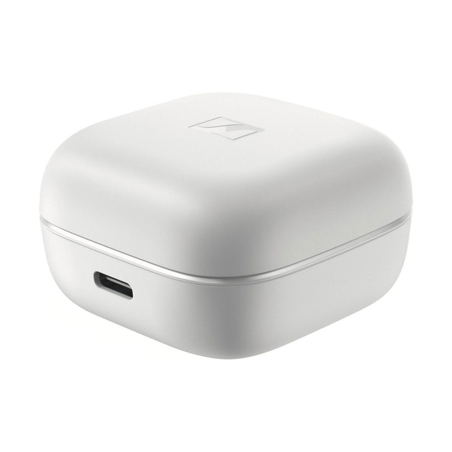 Custodia di ricarica bianca con porta USB-C e logo Sennheiser.