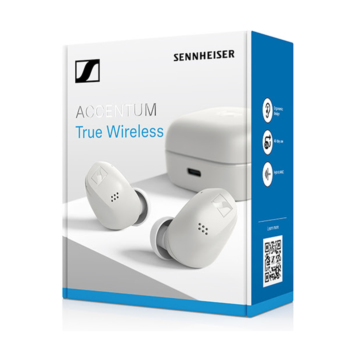 Confezione auricolari Sennheiser ACCENTUM True Wireless con auricolari bianchi e custodia di ricarica.