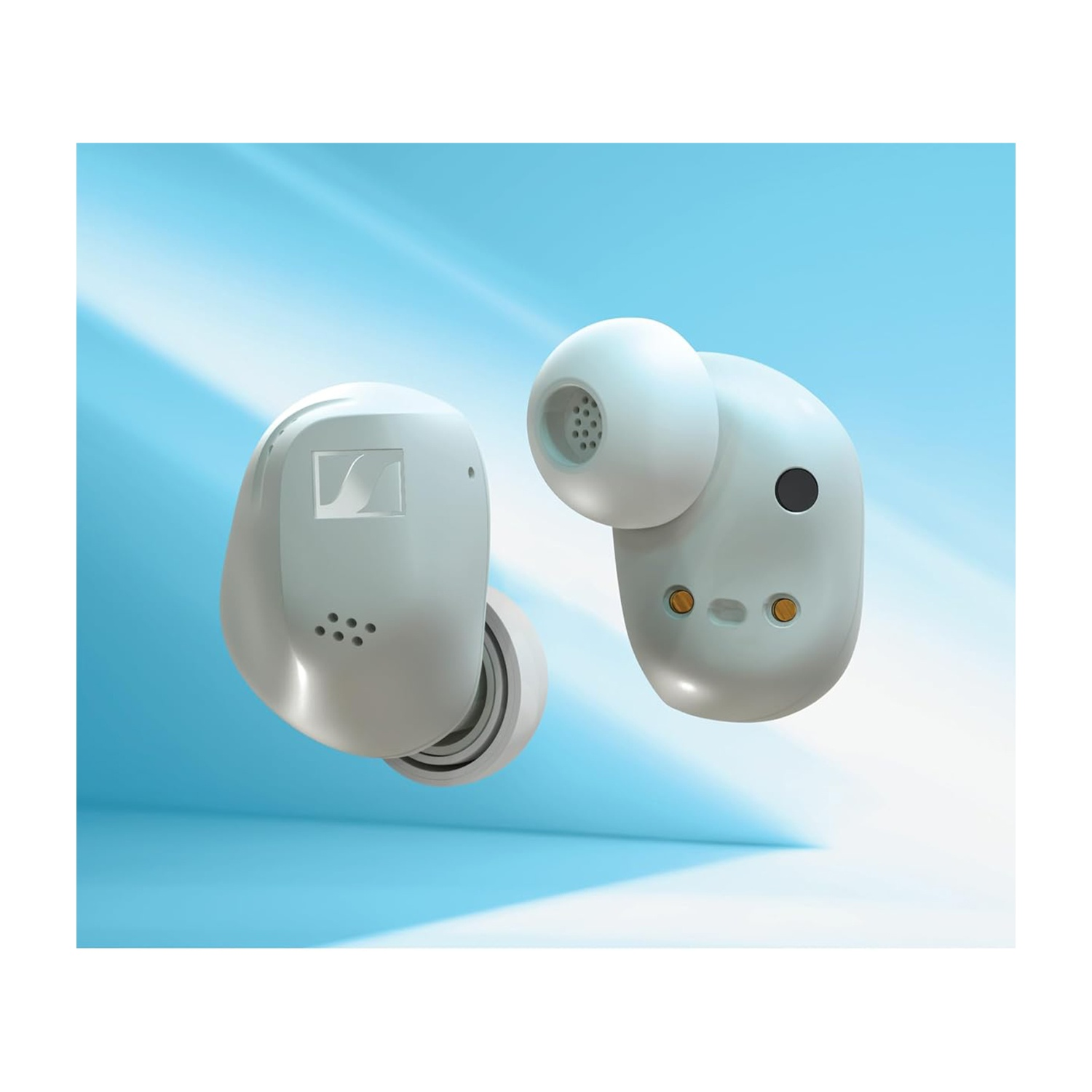 Due auricolari wireless bianchi fluttuano su uno sfondo blu con raggi di luce.