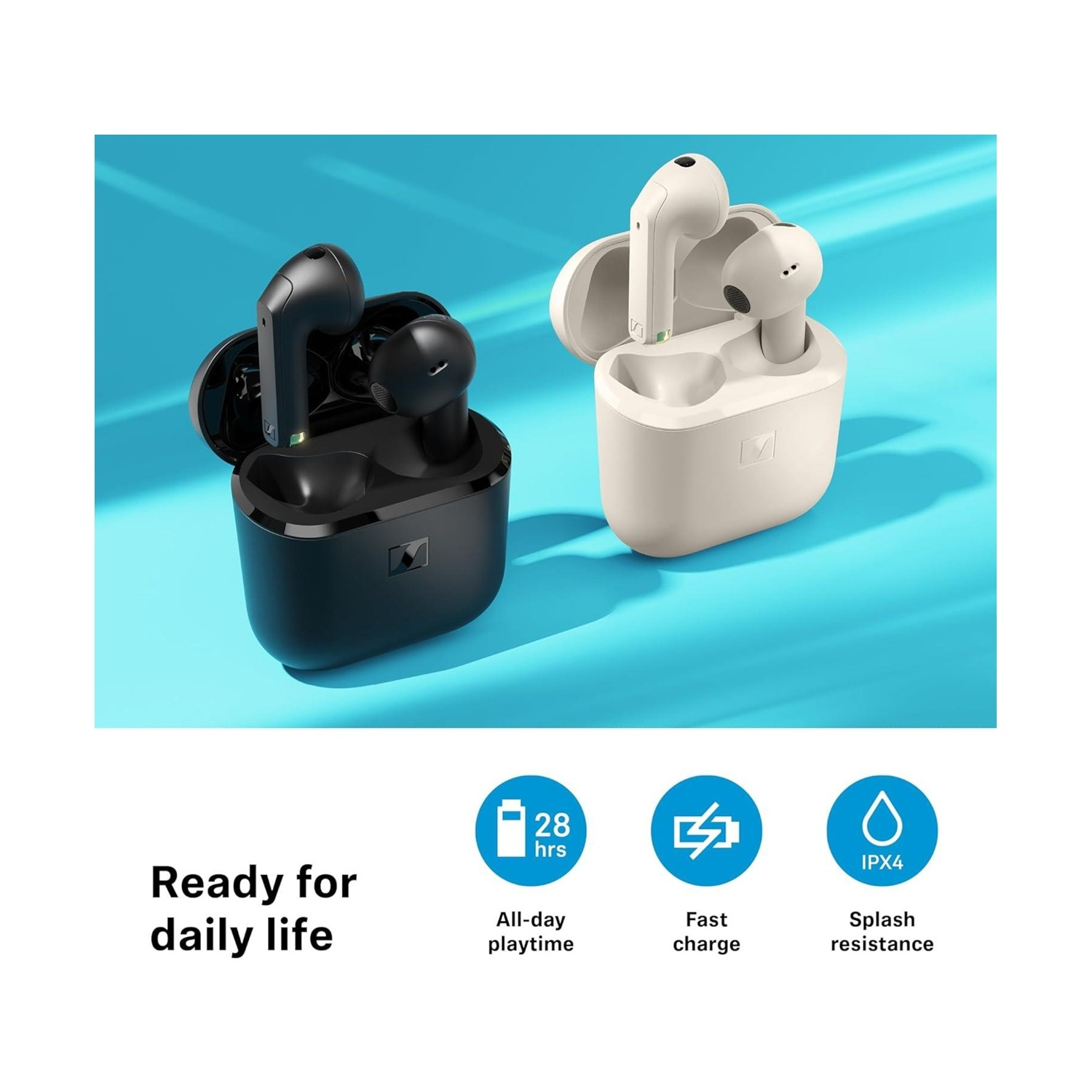 Due paia di auricolari wireless, uno nero, uno beige, nelle loro custodie.