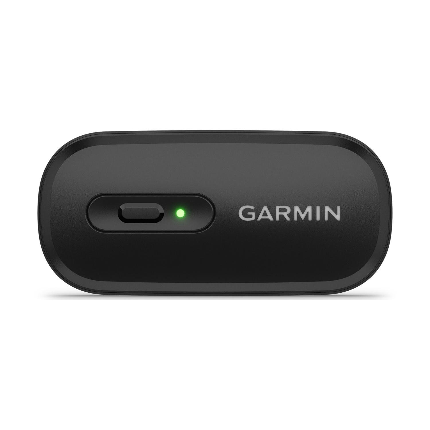 Tracker Garmin nero con luce verde e pulsante. Sfondo bianco.