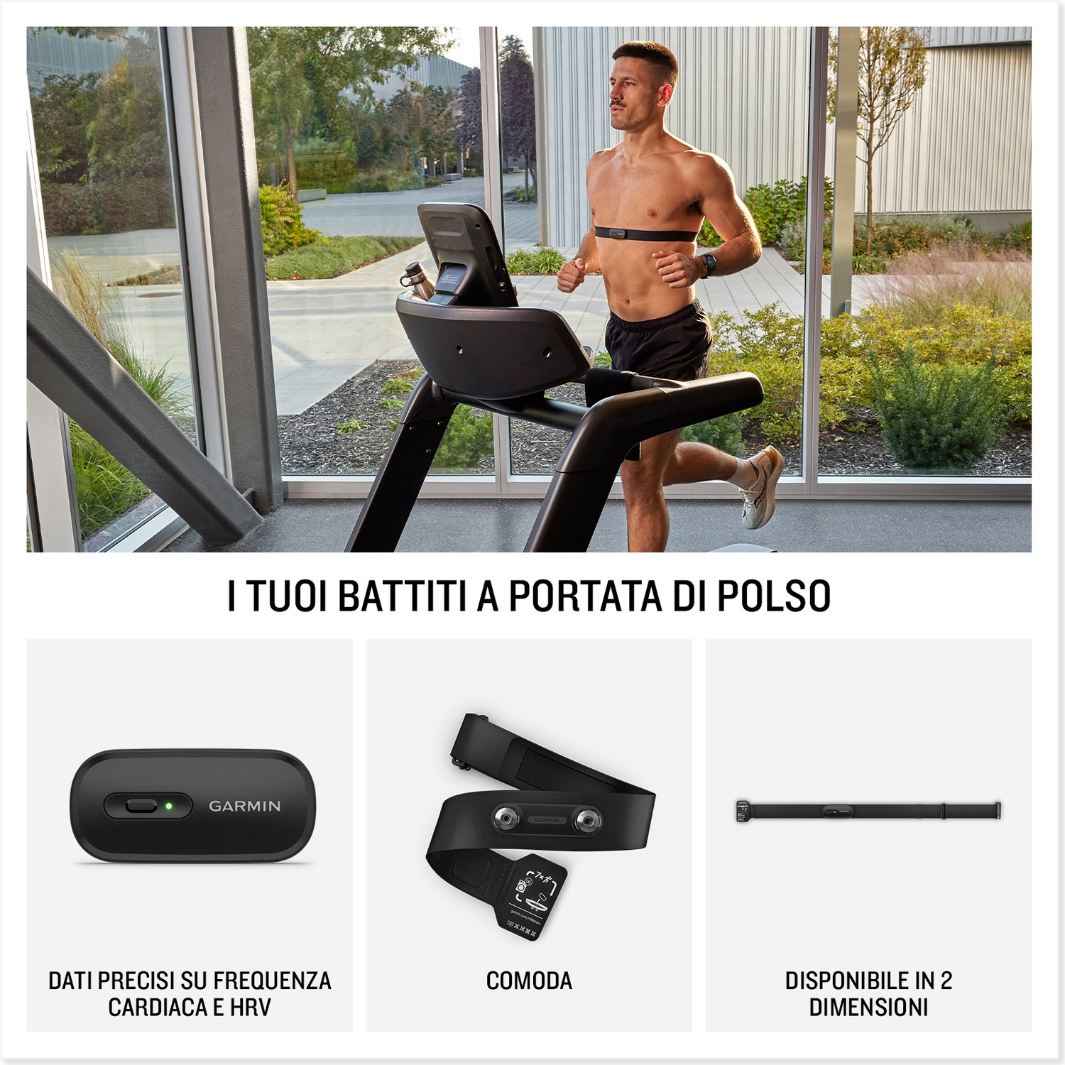 Un uomo corre su un tapis roulant, con tre cardiofrequenzimetri accanto.