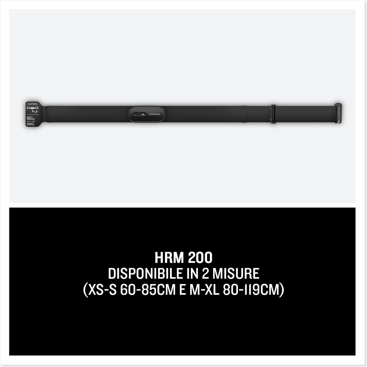 Fascia nera Garmin HRM 200 per frequenza cardiaca con trasmettitore e cinturino regolabile.