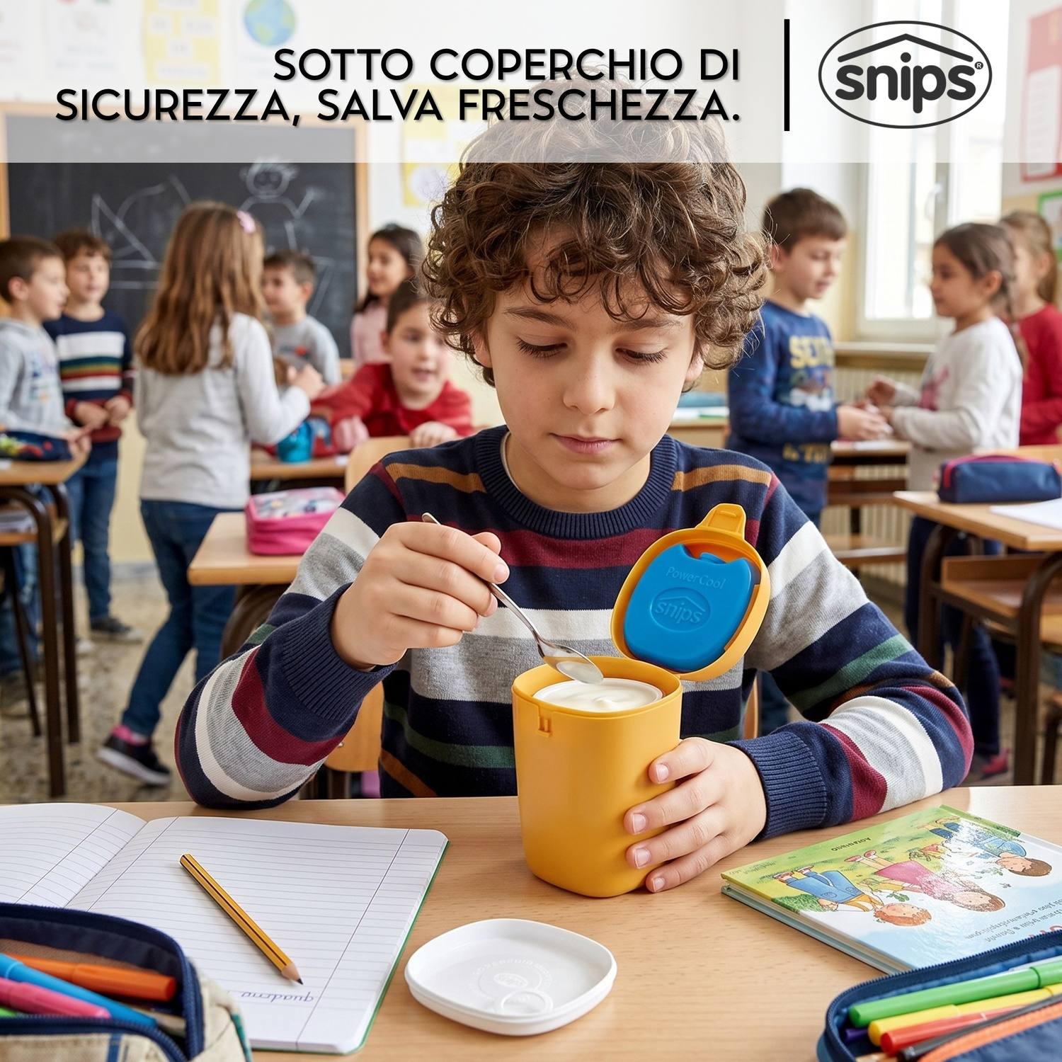 Un bambino mangia yogurt in un'aula con altri bambini.