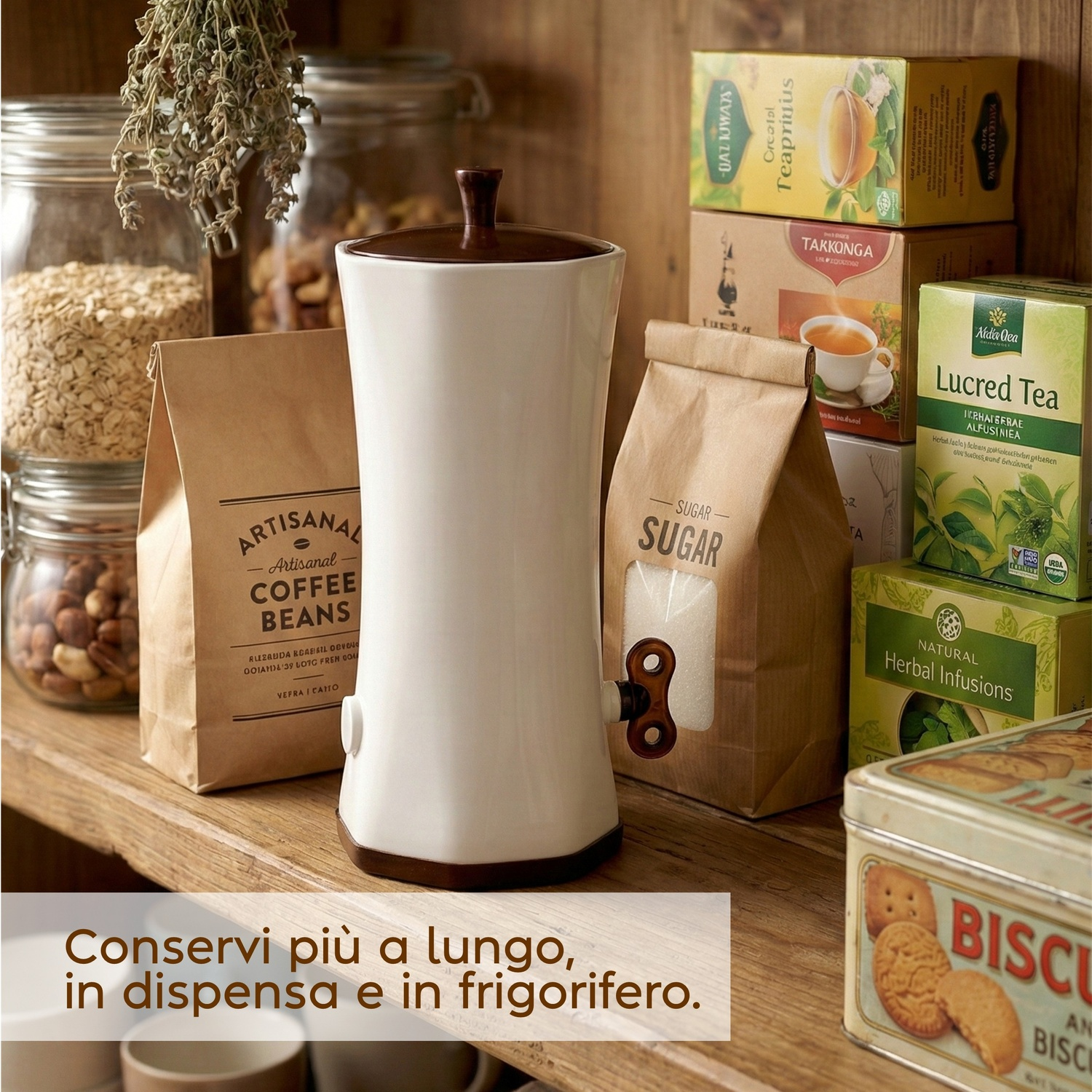 Un dispenser bianco è su uno scaffale con caffè, avena, noci e tè.