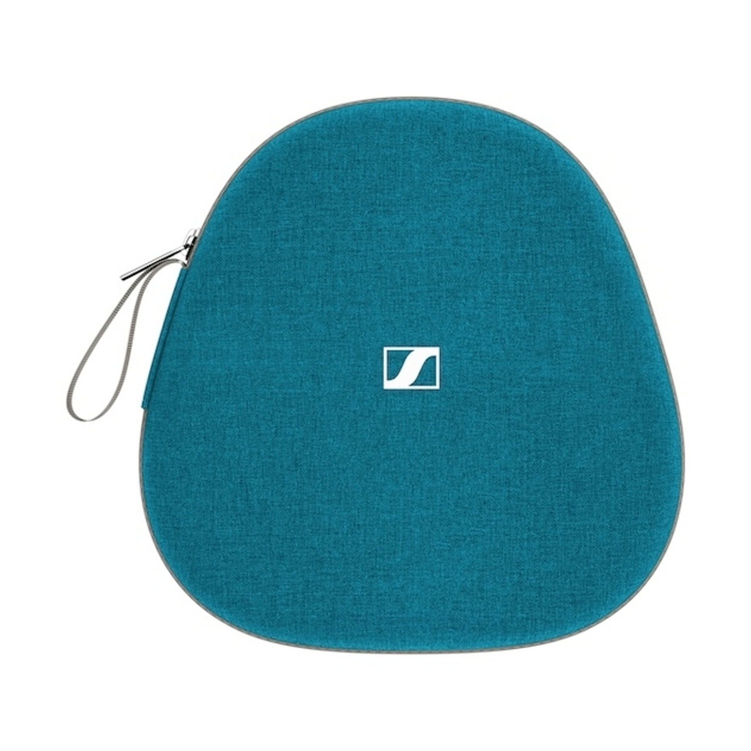 Una custodia turchese per cuffie con cerniera e logo bianco.