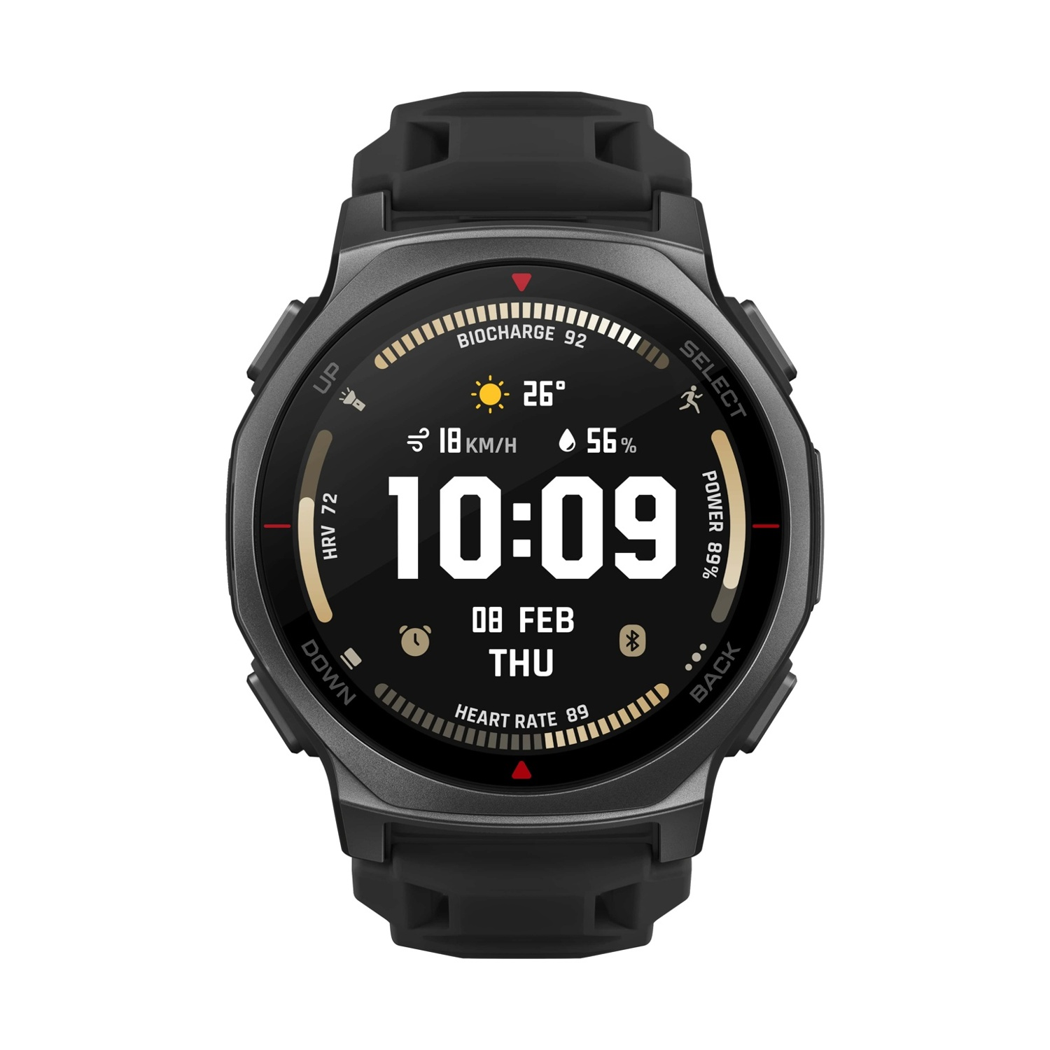 Uno smartwatch nero mostra 10:09, 26 gradi, 18 km/h, 56% batteria.