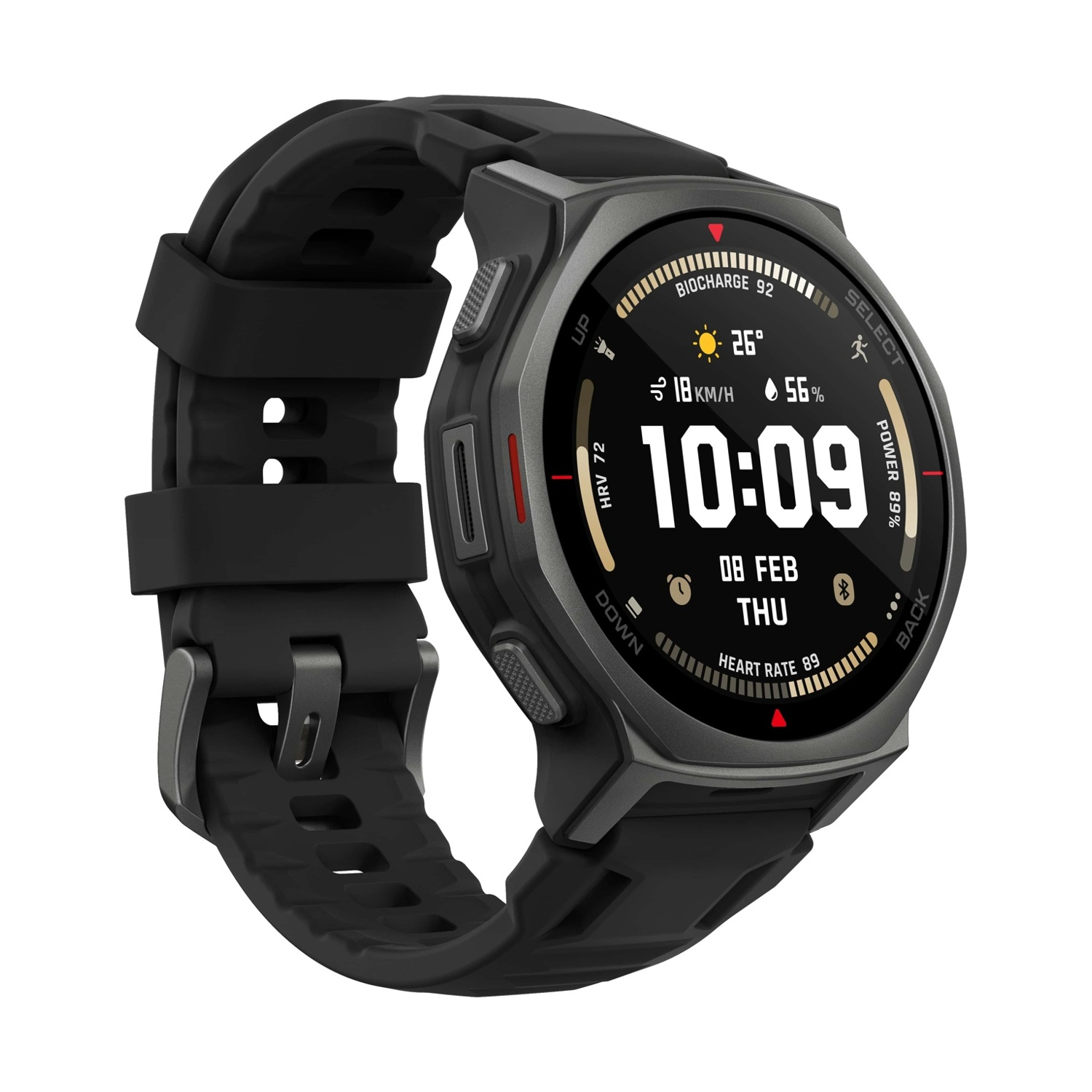 Uno smartwatch nero con ghiera grigia mostra 10:09, 26 gradi, 18 km/h e 89% di potenza.