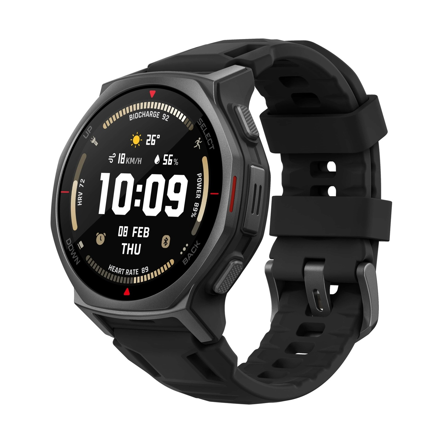 Uno smartwatch nero con quadrante e cinturino scuri. Mostra le 10:09.