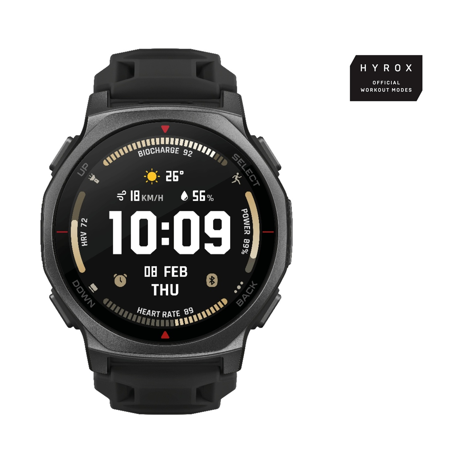 Smartwatch grigio con cinturino nero, display digitale con ora, data, temperatura e statistiche.