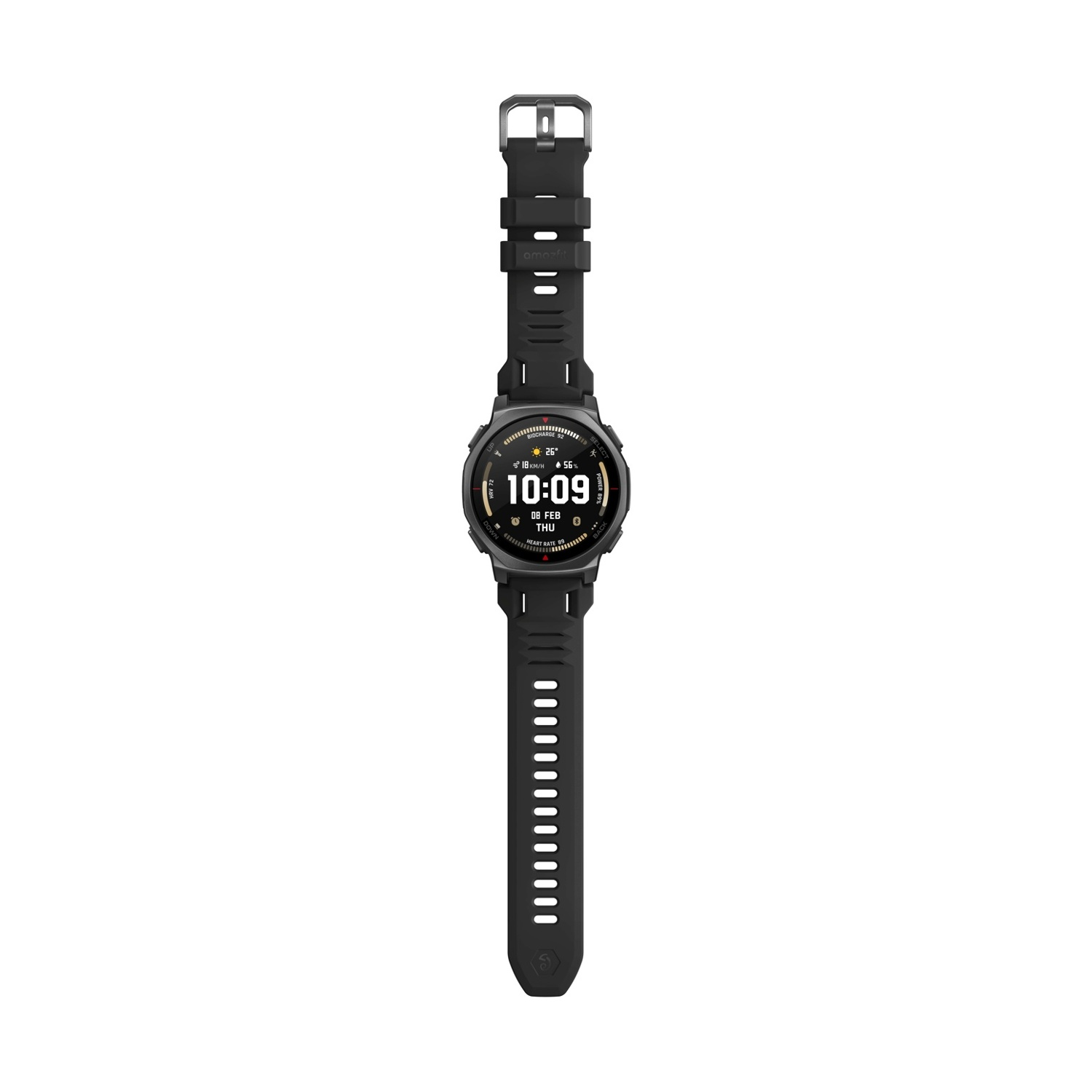 Smartwatch nero con display che mostra ora, data e frequenza cardiaca.