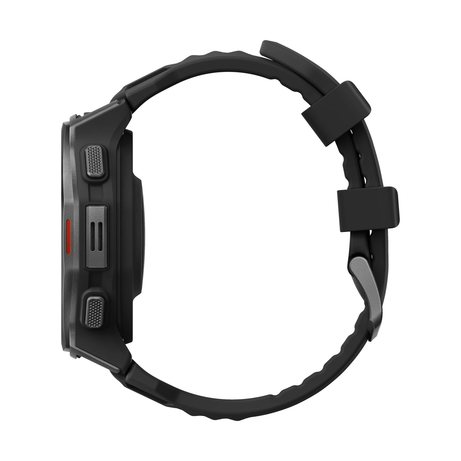 Smartwatch nera di profilo con pulsanti e cinturino.