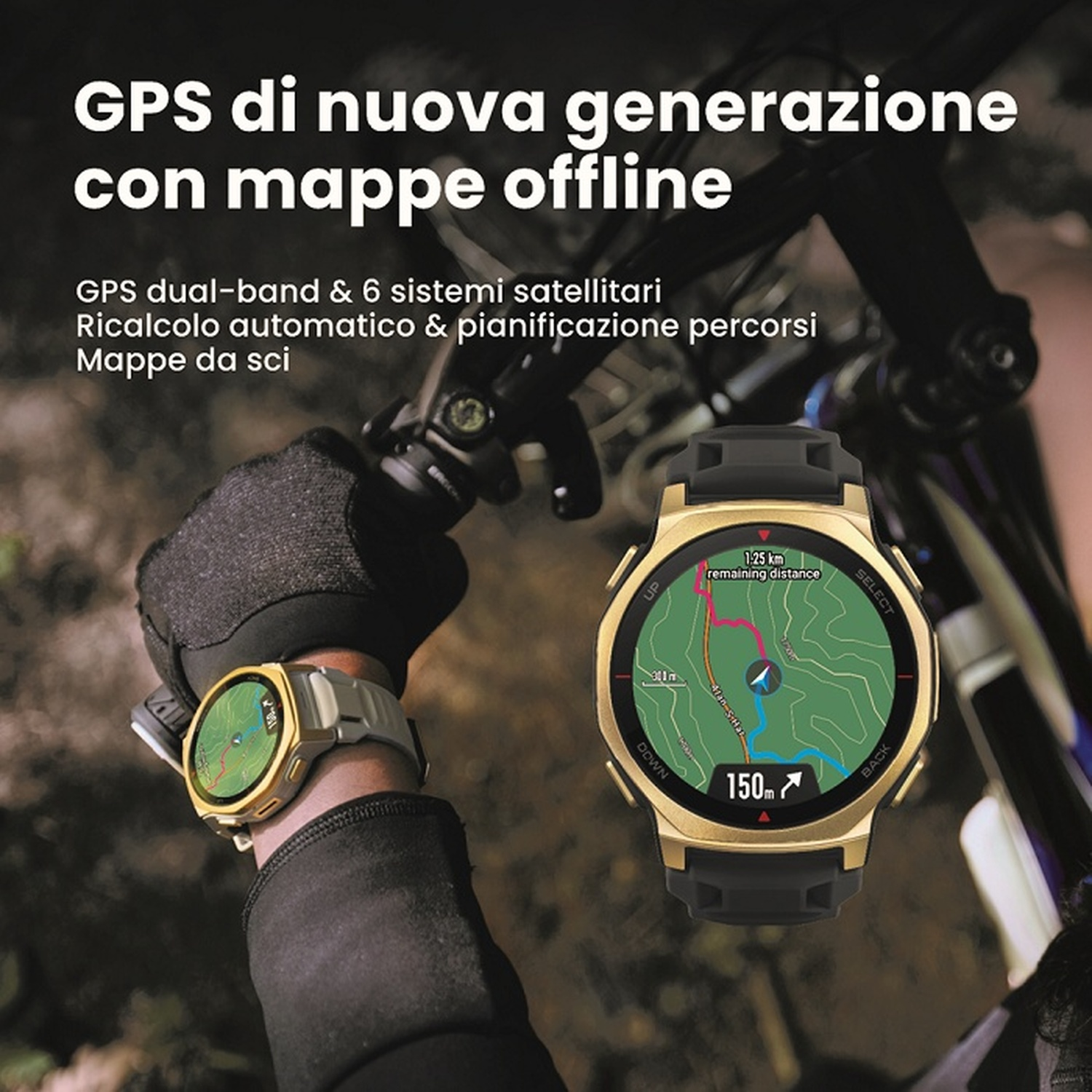 Orologio smart dorato con mappa, indossato su mano guantata.