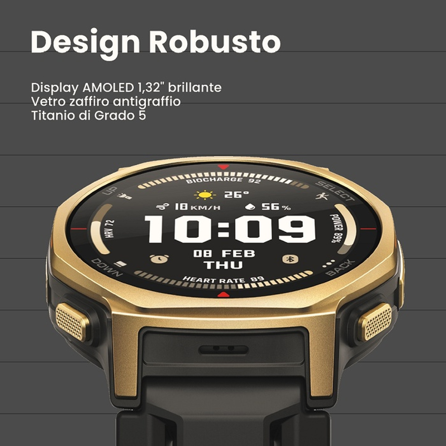 Smartwatch dorata con cinturino nero, mostra 10:09, 26 gradi, 56% batteria.