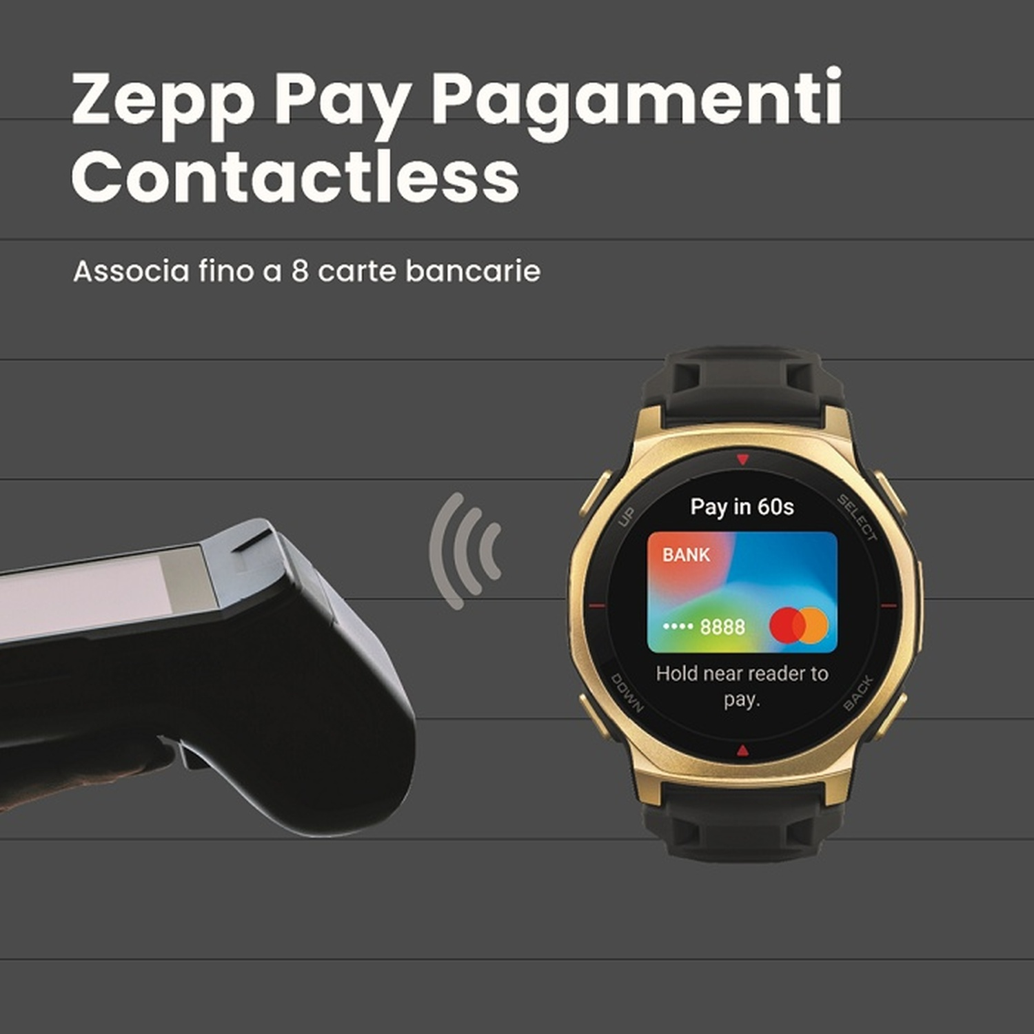 Orologio smartwatch dorato mostra pagamento contactless su terminale.