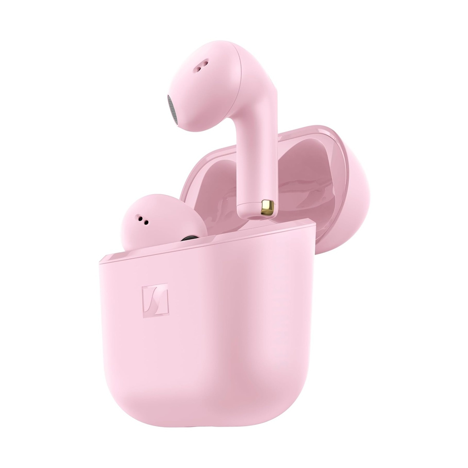 Auricolari wireless rosa con custodia di ricarica. Un auricolare nella custodia, l'altro accanto.