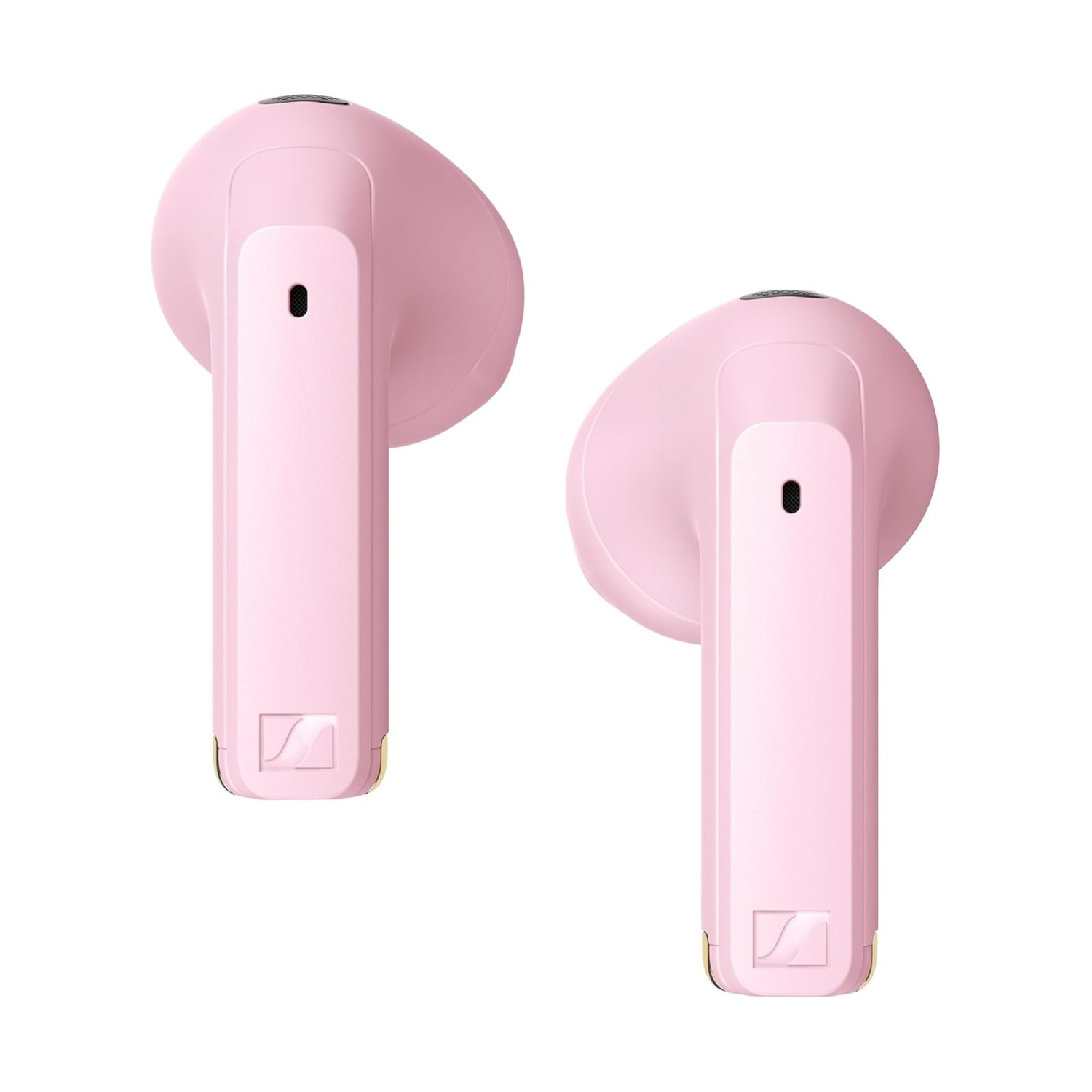 Due auricolari in-ear rosa con accenti dorati su sfondo bianco.