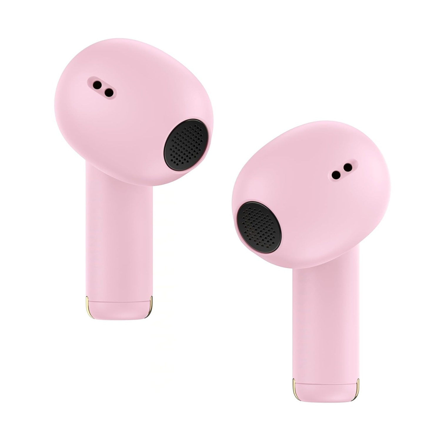 Due auricolari wireless rosa con griglie nere e accenti dorati.
