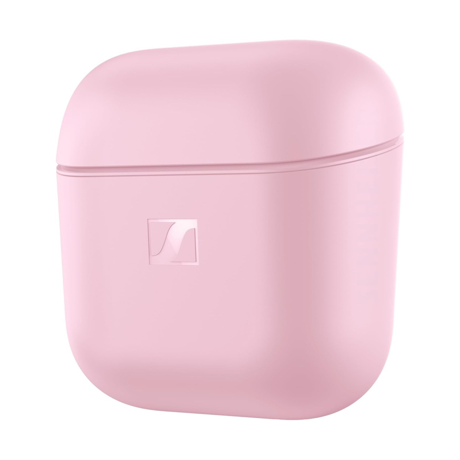 Una custodia di ricarica rosa chiaro chiusa per auricolari wireless, con logo discreto.
