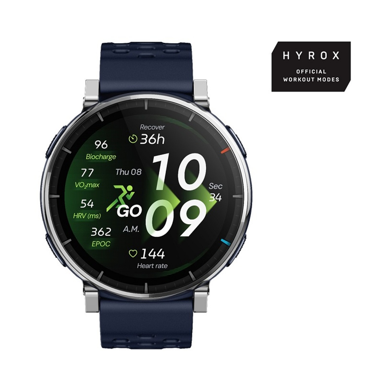 Uno smartwatch HYROX blu scuro mostra statistiche di allenamento come recupero, VO2 max e frequenza cardiaca.