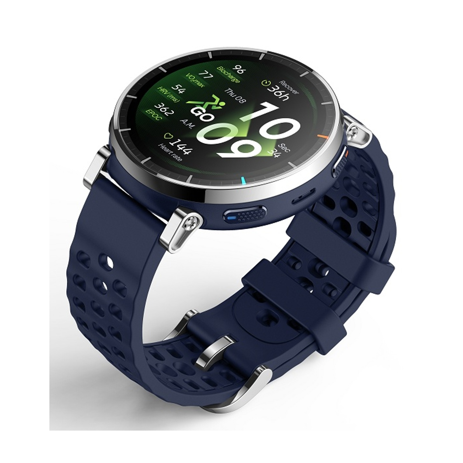 Orologio smart blu con display digitale che mostra ora, battito cardiaco e dati fitness.
