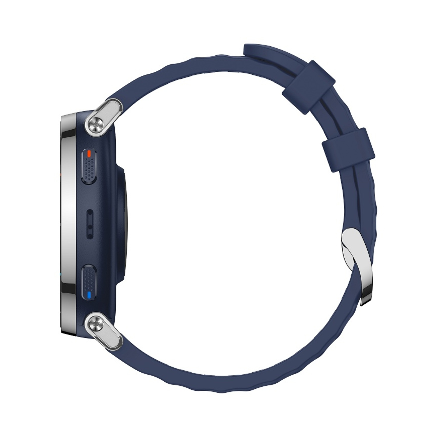 Orologio smartwatch blu scuro con accenti argentati e cinturino in gomma, vista laterale.