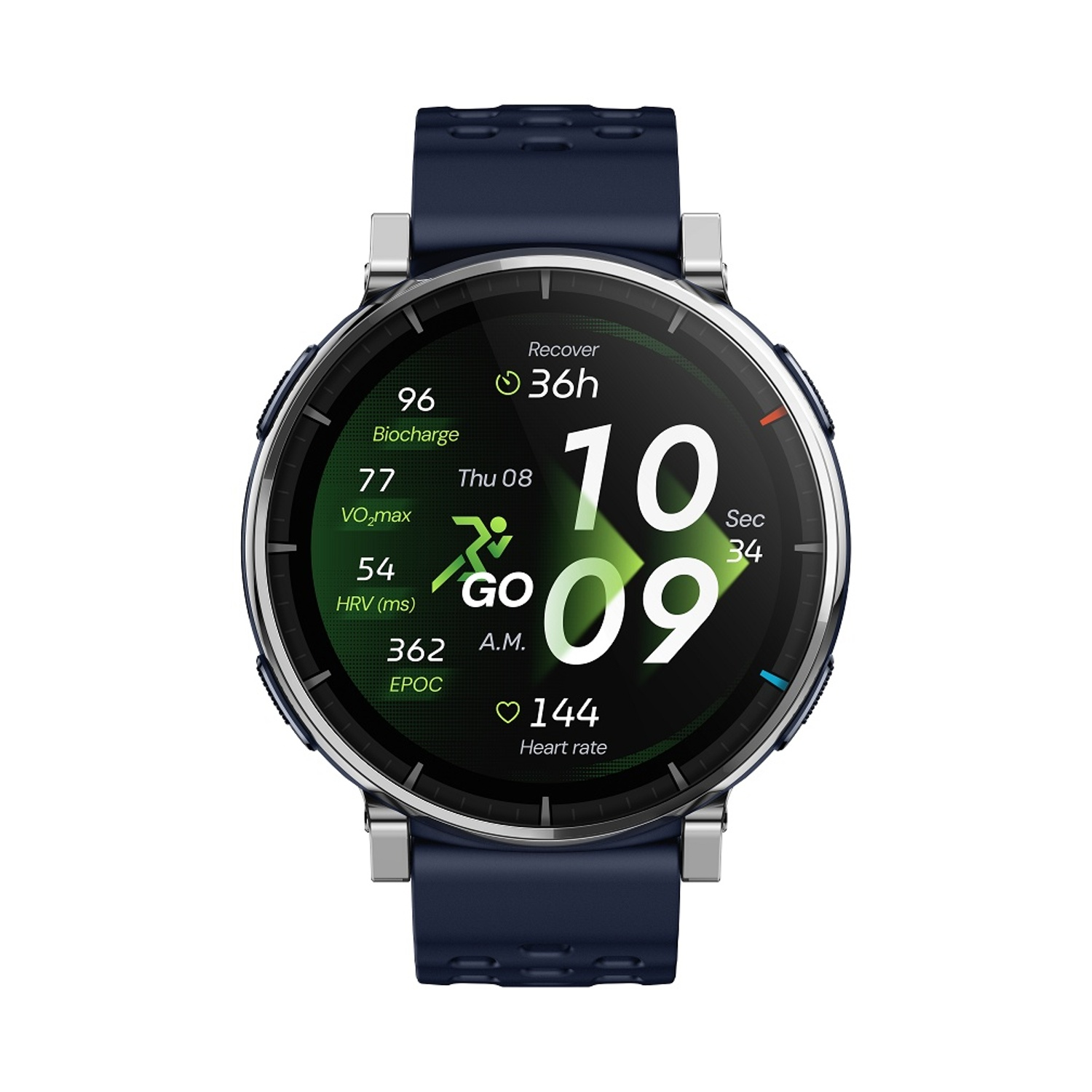 Uno smartwatch blu scuro con cassa argentata e display touchscreen che mostra statistiche.