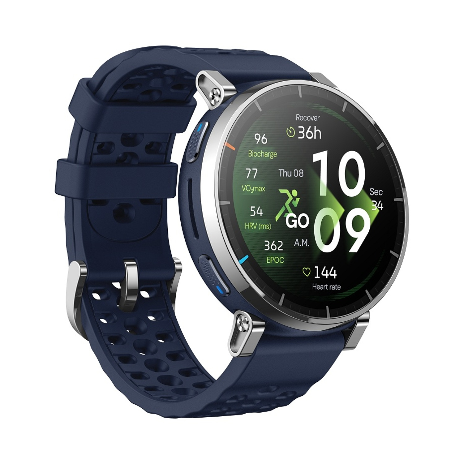 Uno smartwatch blu con accenti argentati e display con dati fitness.