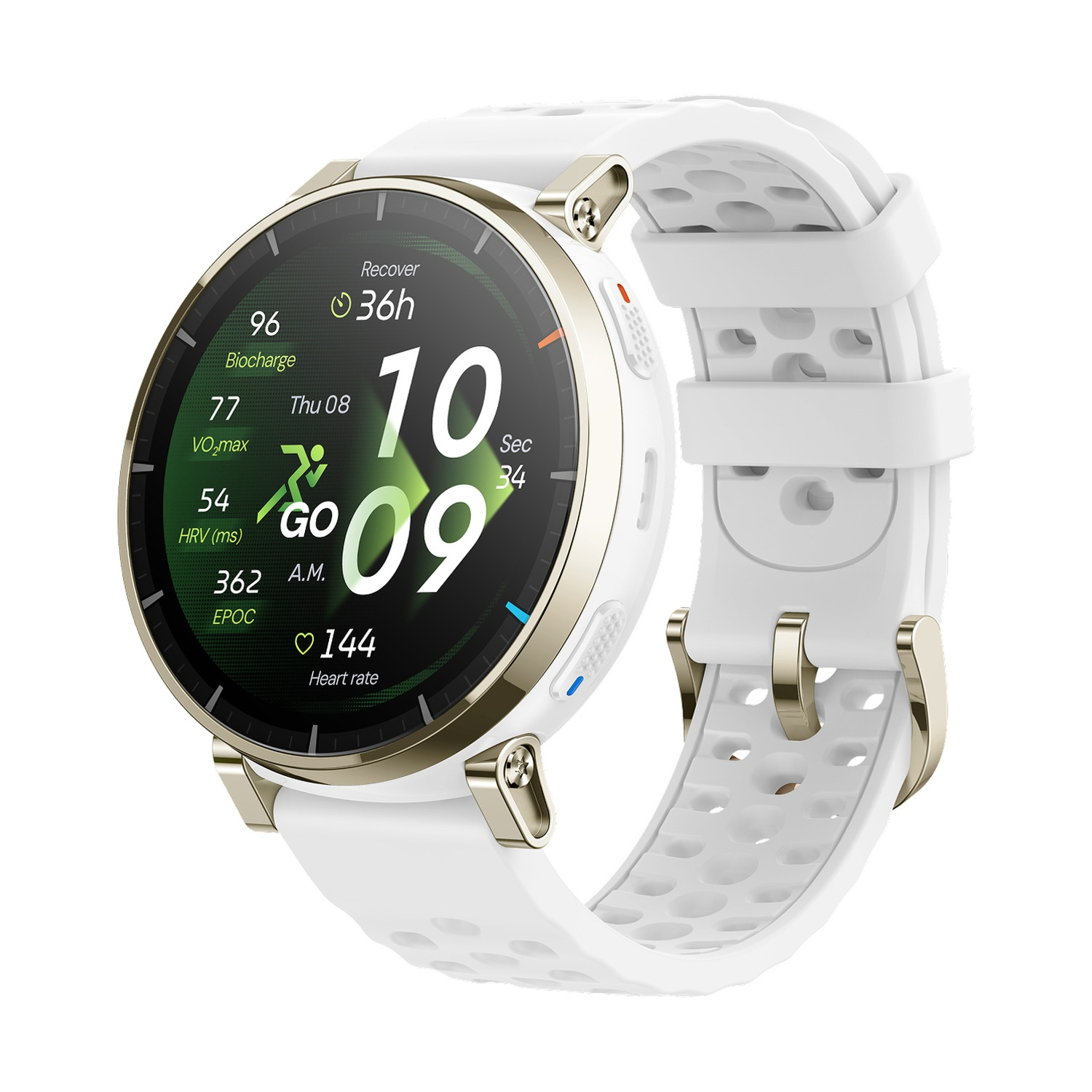 Uno smartwatch bianco con accenti dorati e display scuro che mostra dati di fitness.