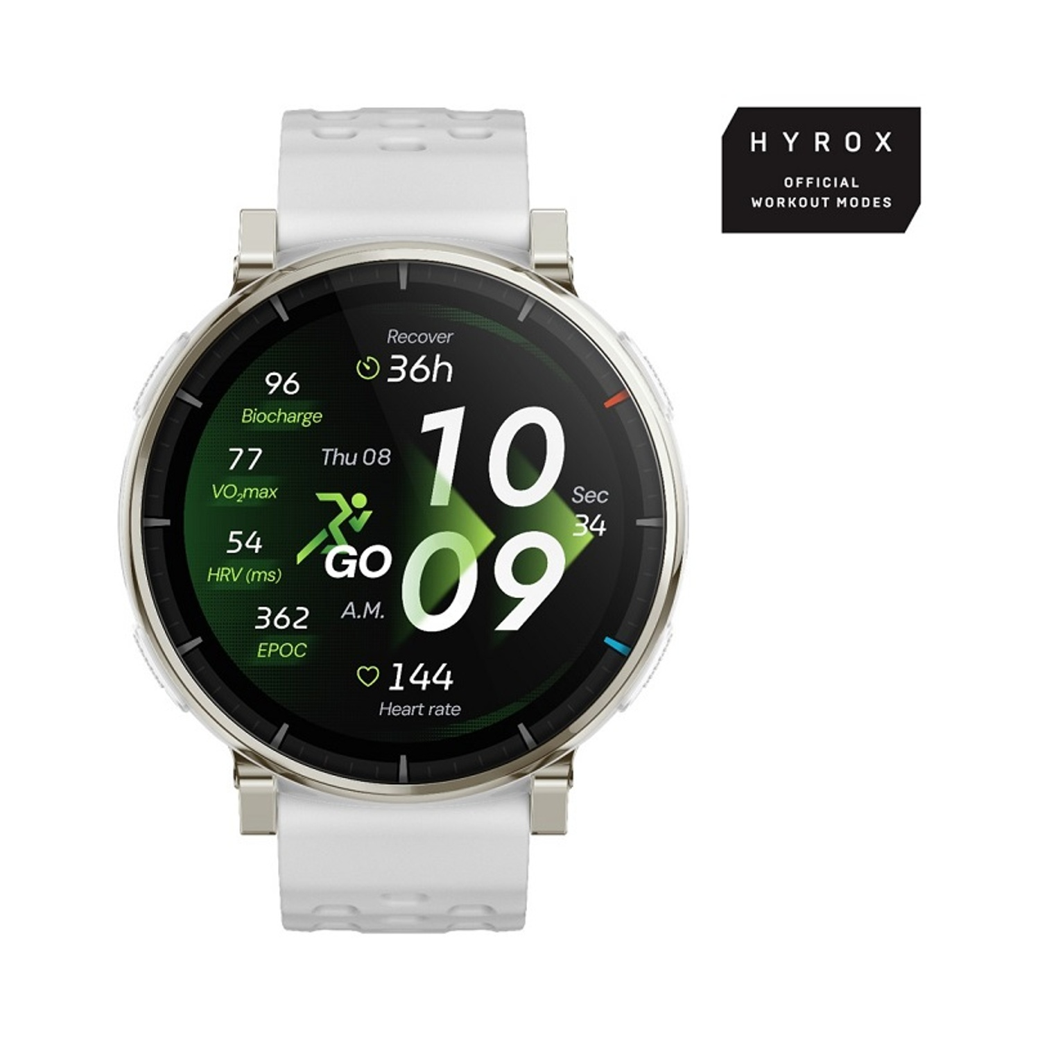 Uno smartwatch bianco con logo HYROX che mostra dati.