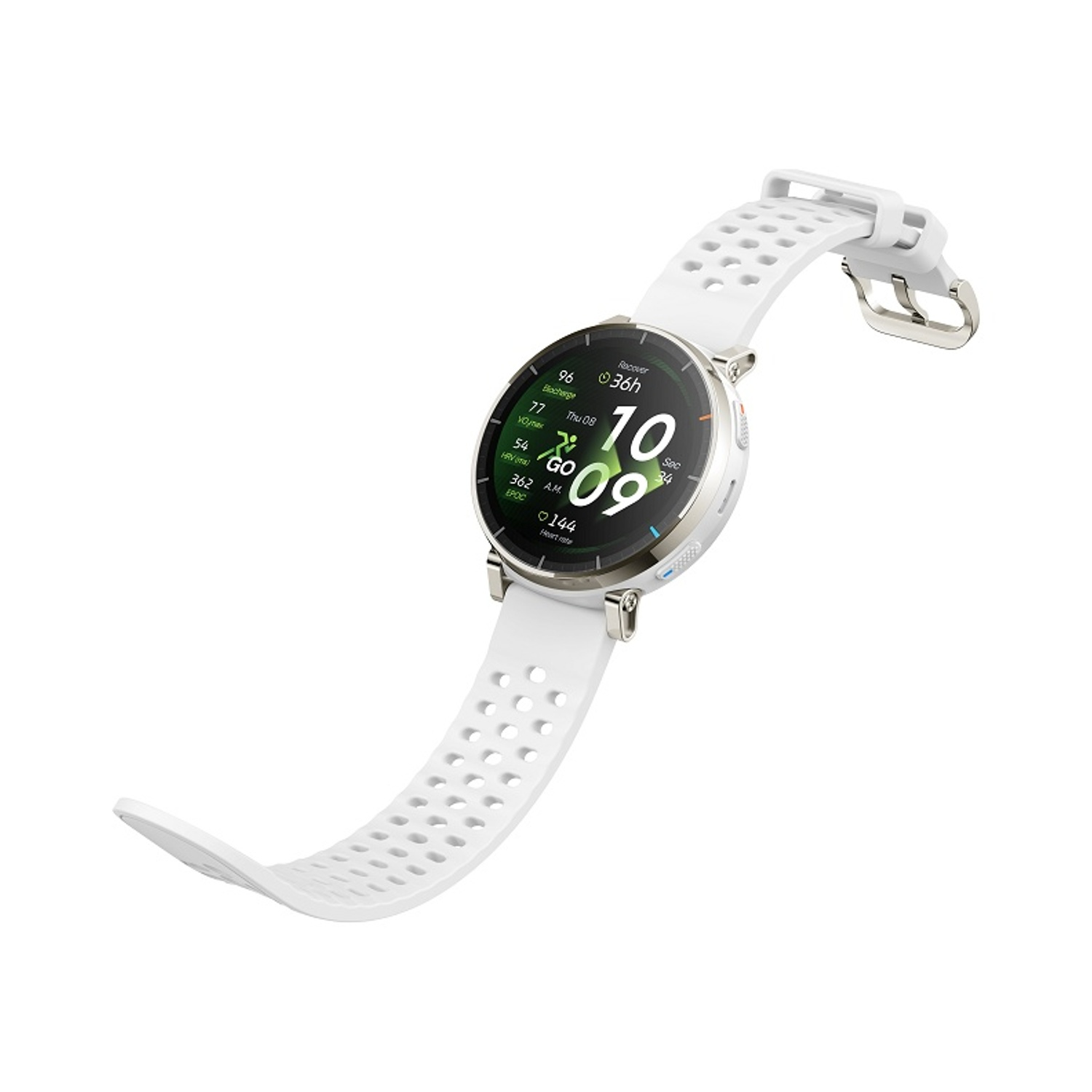 Uno smartwatch bianco con display digitale che mostra ora e metriche di salute.