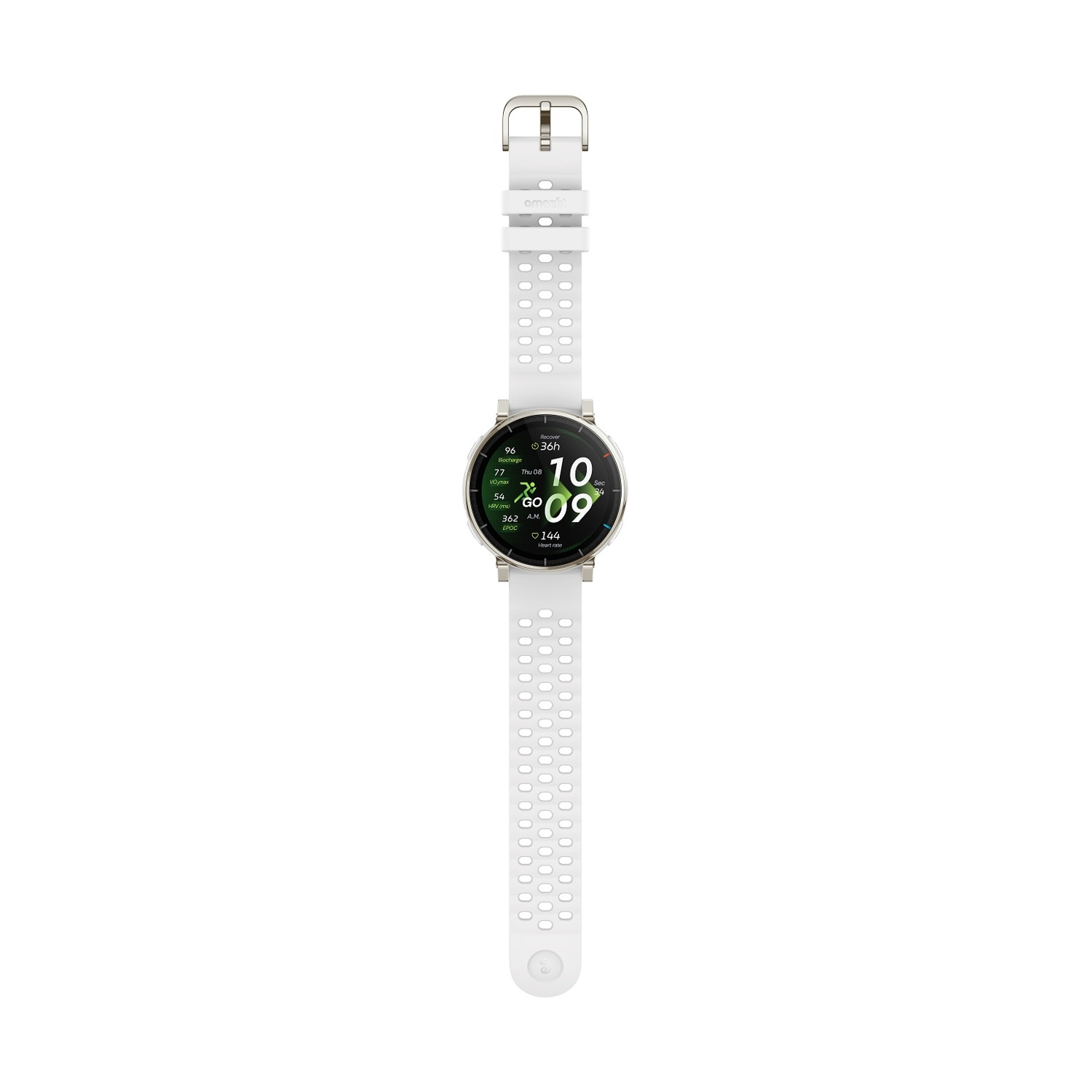 Uno smartwatch bianco con display rotondo che mostra ora e dati sanitari.