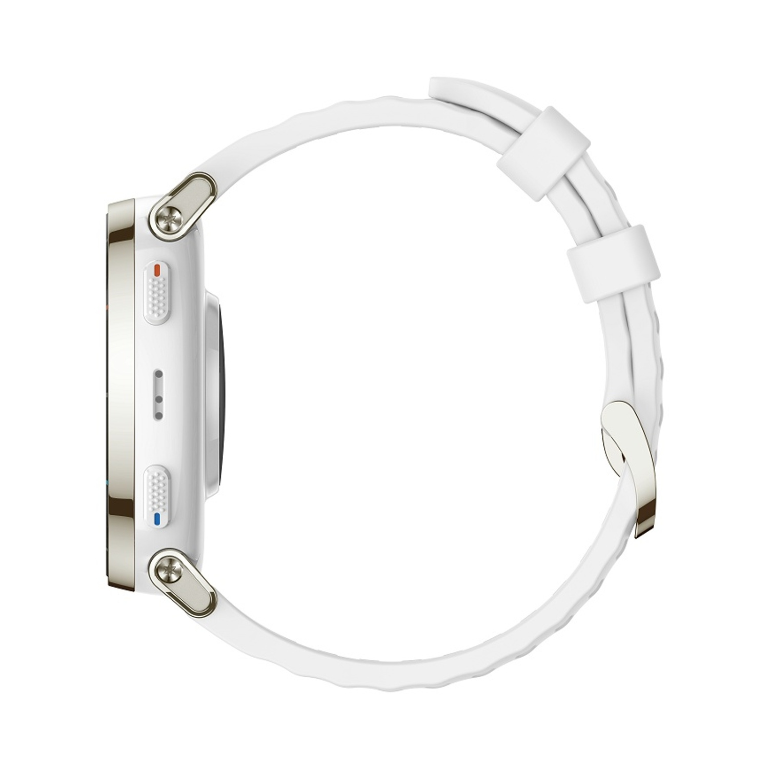 Smartwatch bianco con lunetta argentata e cinturino in silicone bianco, visto di lato.