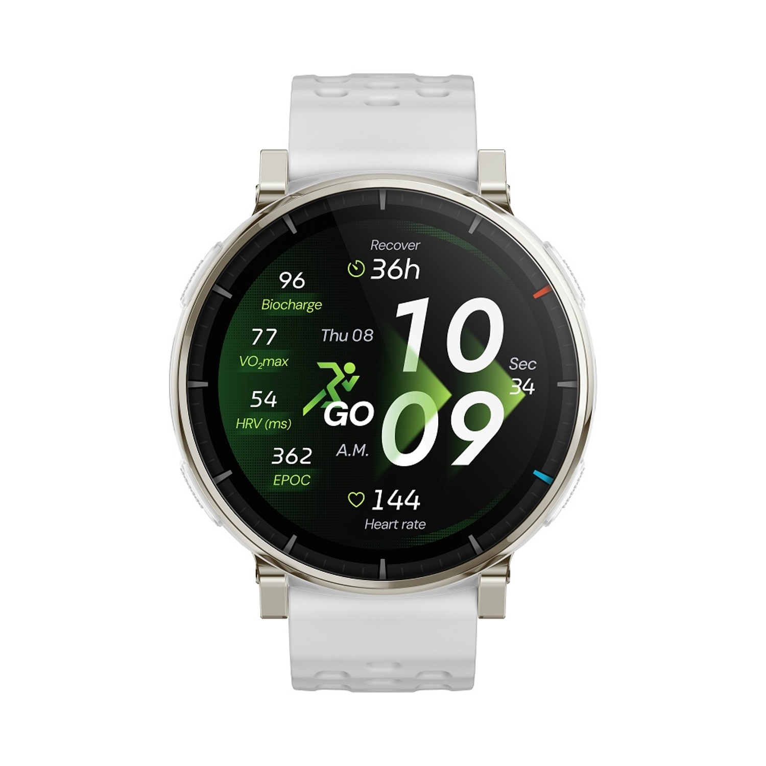 Smartwatch bianca mostra ora 10:09, recupero 36h, battito 144 e altre statistiche.