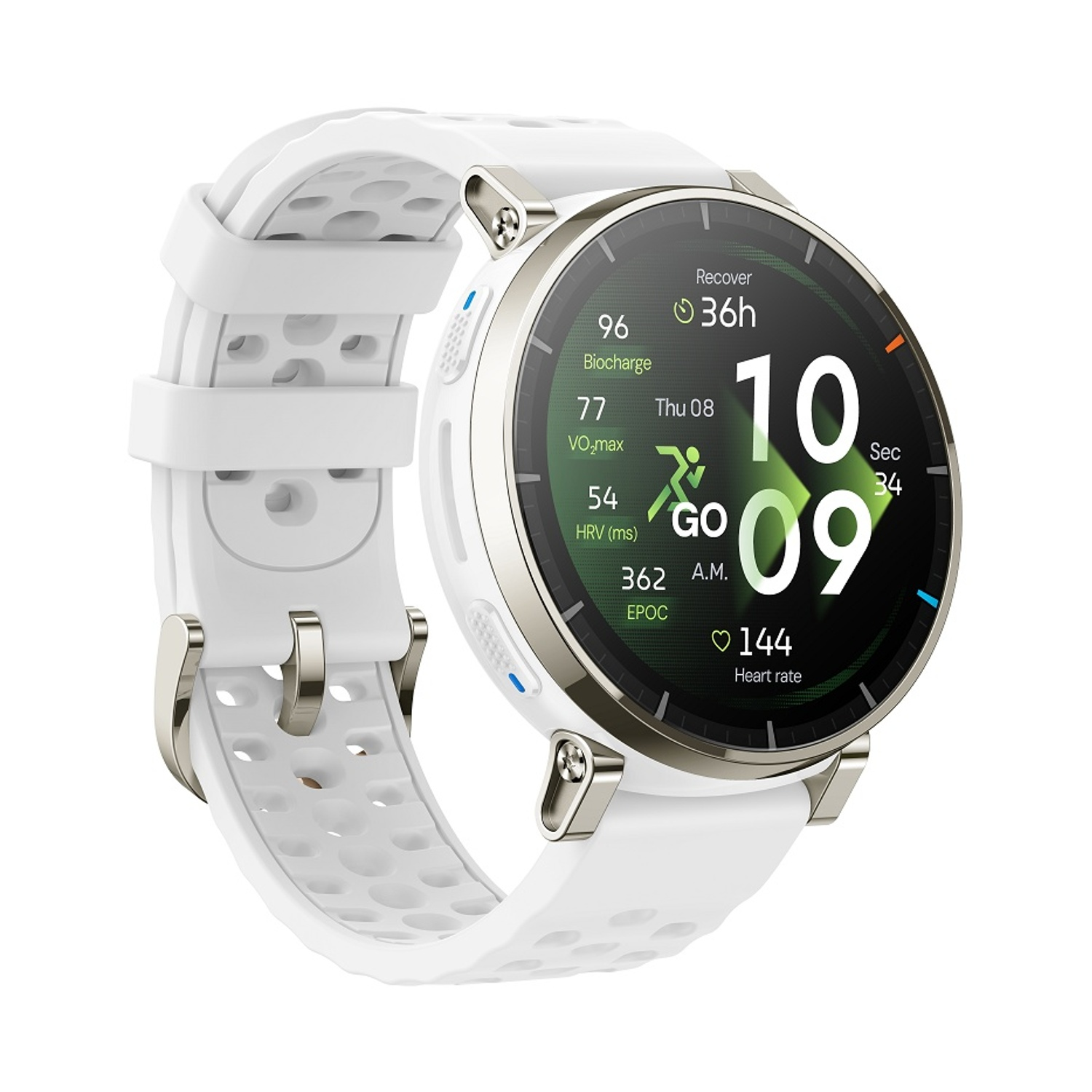 Smartwatch bianco con ghiera argento che mostra recupero, ora e battito cardiaco.