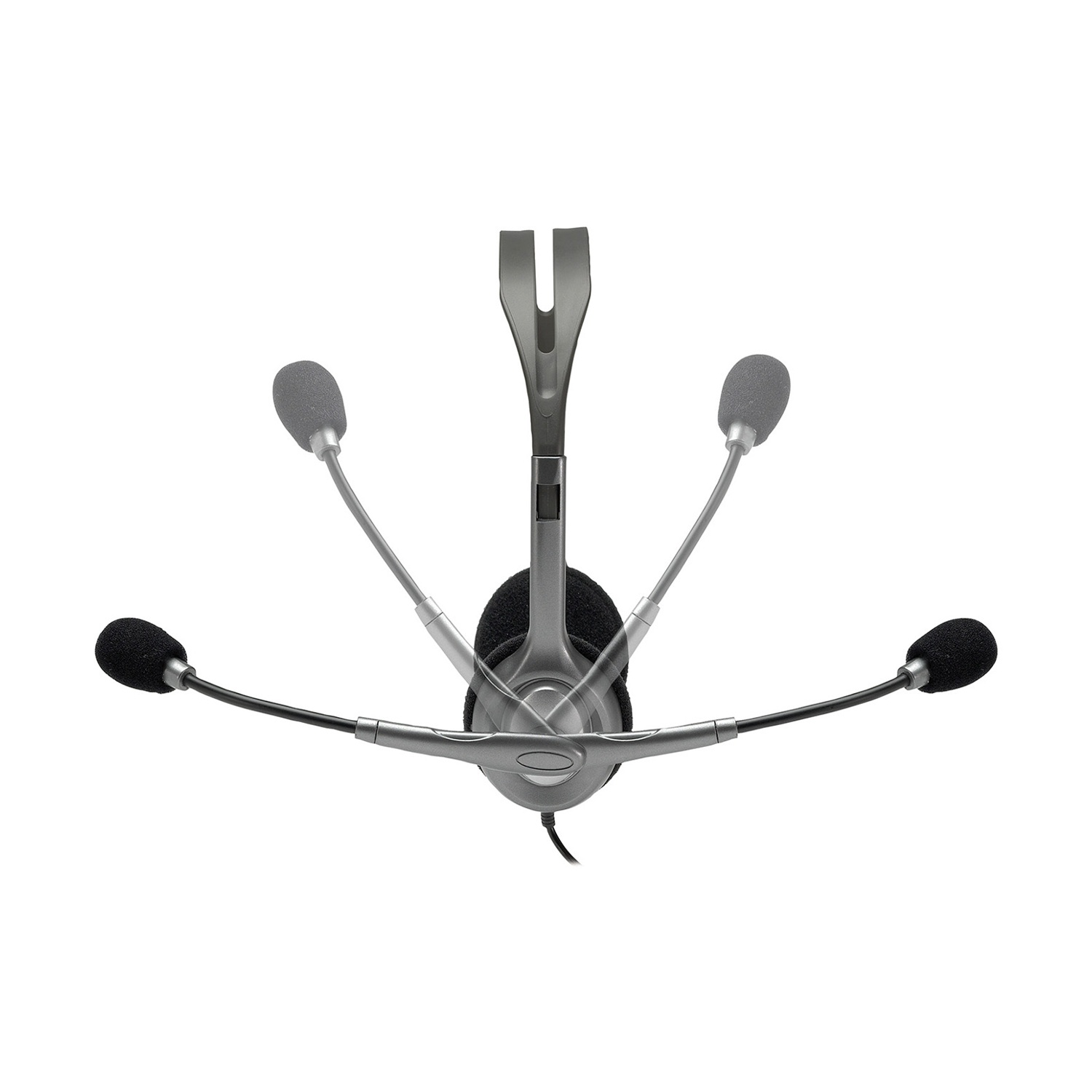 Un auricolare argentato con quattro bracci microfono su sfondo bianco.